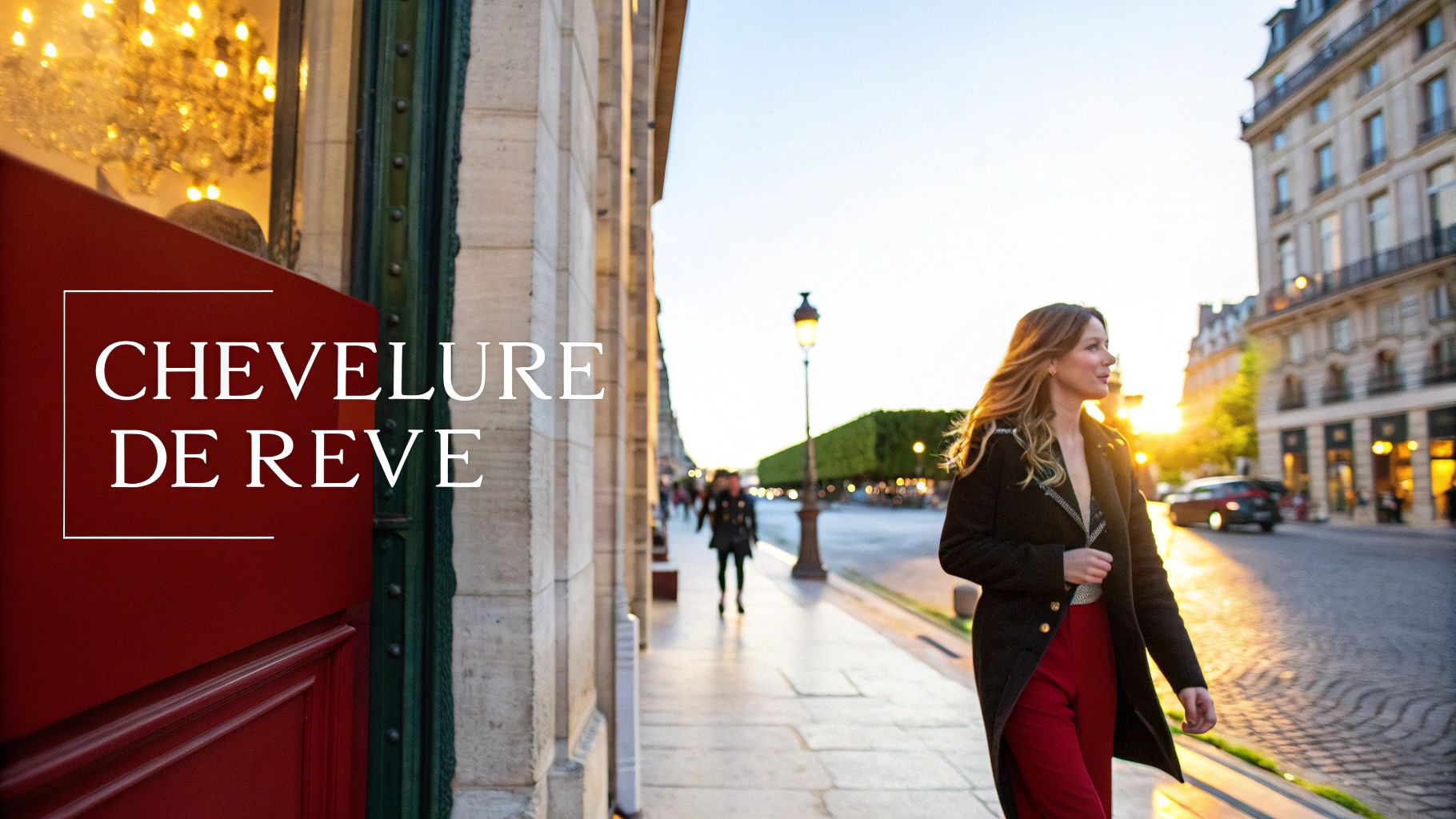 Une femme aux cheveux longs et ondulés marche sur une rue parisienne au coucher du soleil, avec le texte "CHEVELURE DE RÊVE".