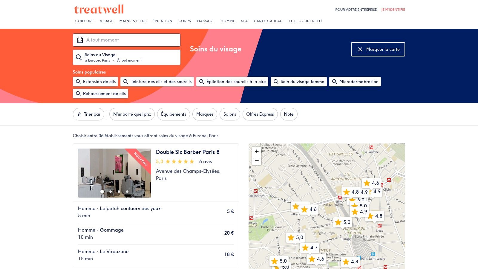 Une capture d'écran de l'interface de réservation de soins sur Treatwell, montrant divers salons de beauté parisiens avec leurs prix et notes.