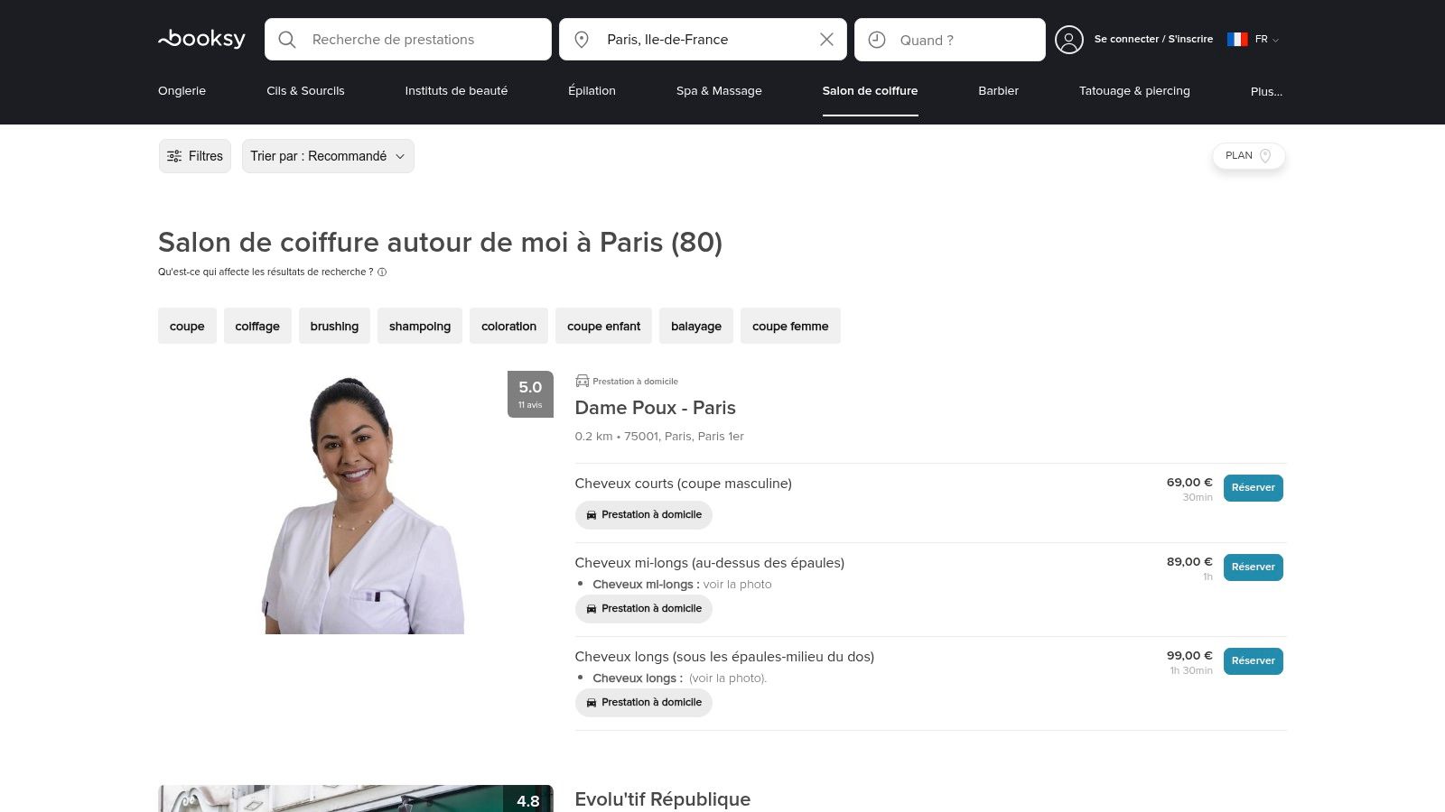 Interface de recherche de salons sur Kiute