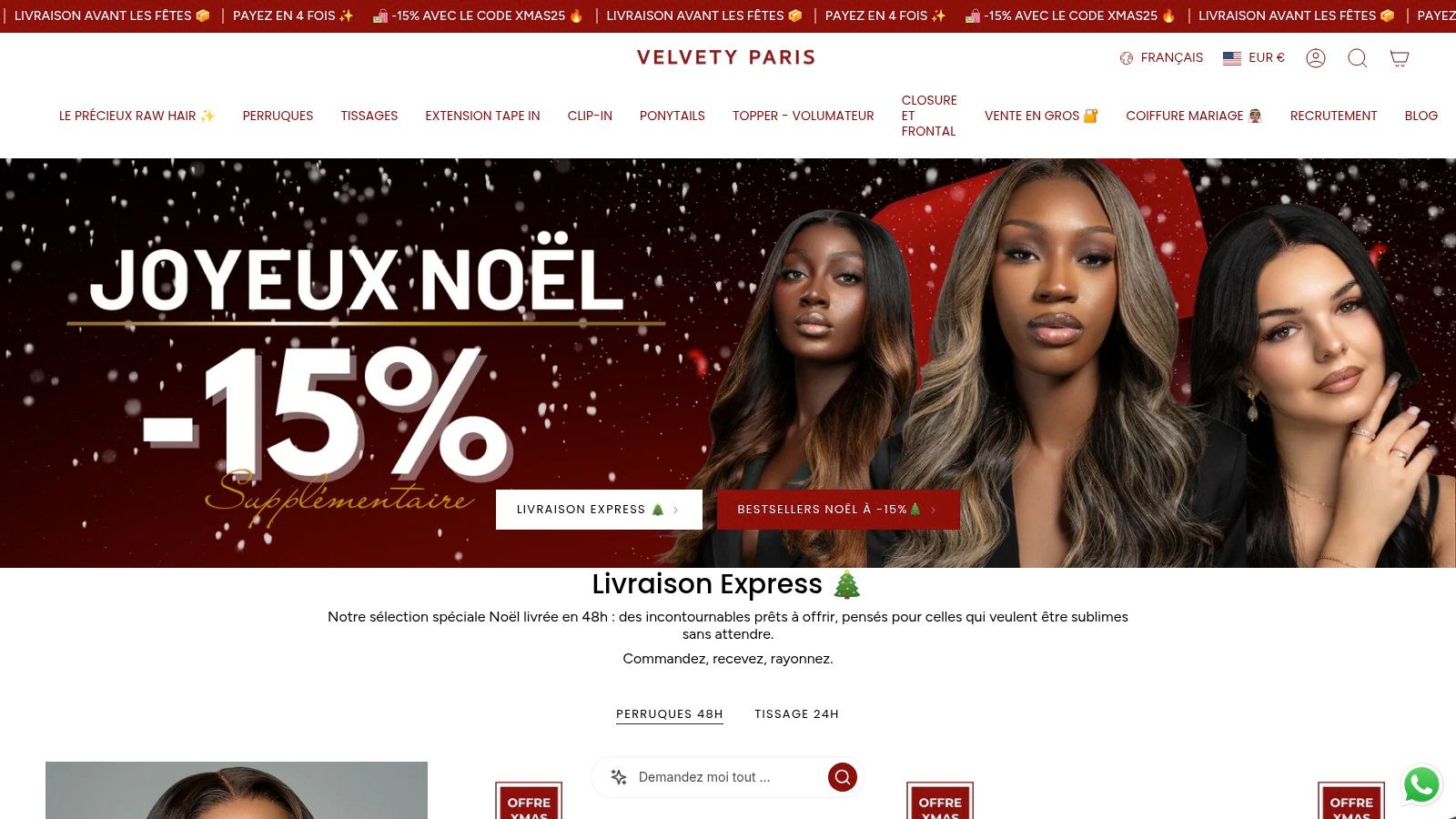 Boutique Velvety Paris avec une sélection de perruques et d'extensions de cheveux de luxe