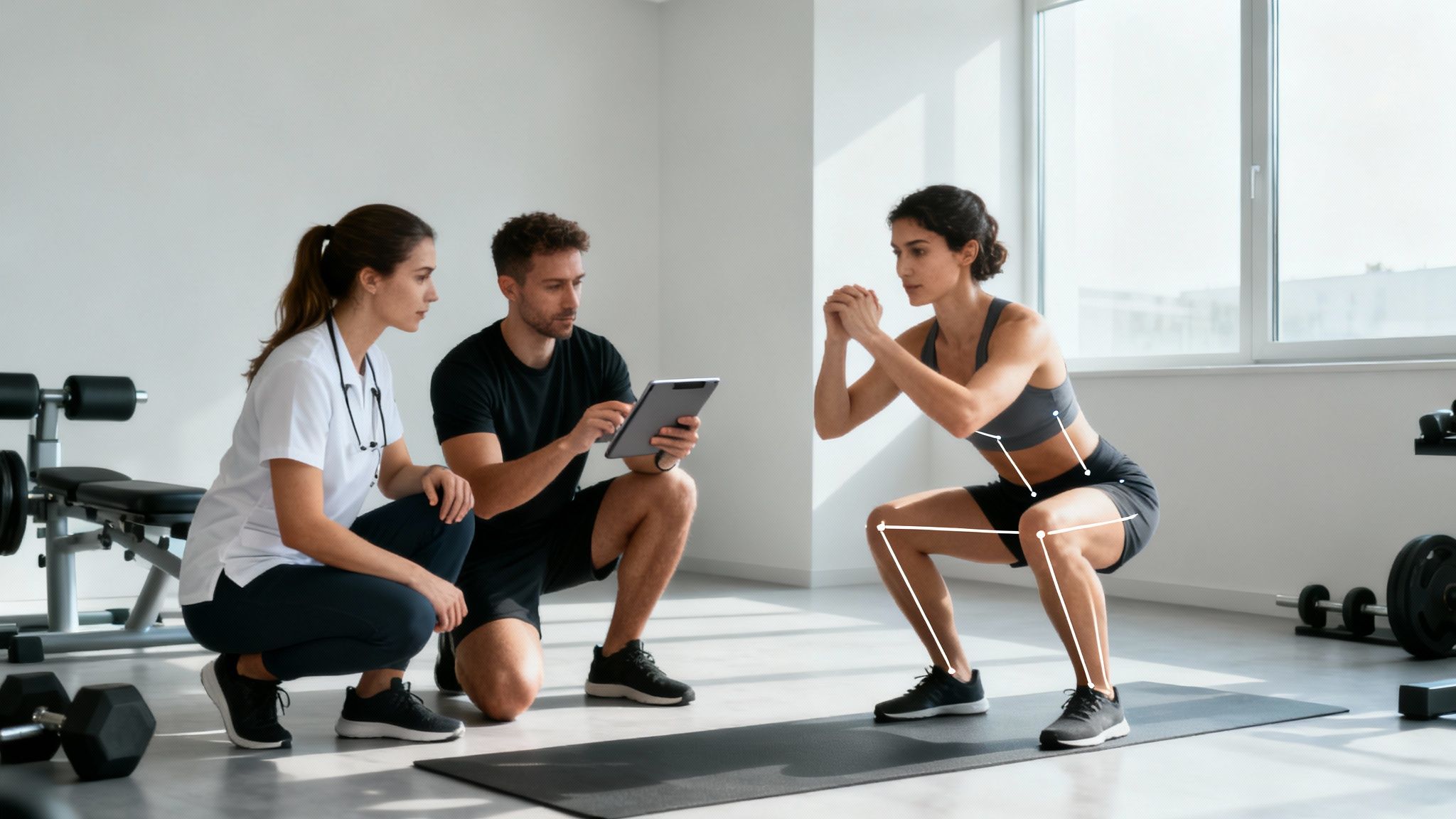 Fisioterapeuta y entrenador observan a una mujer haciendo sentadillas con análisis de movimiento.