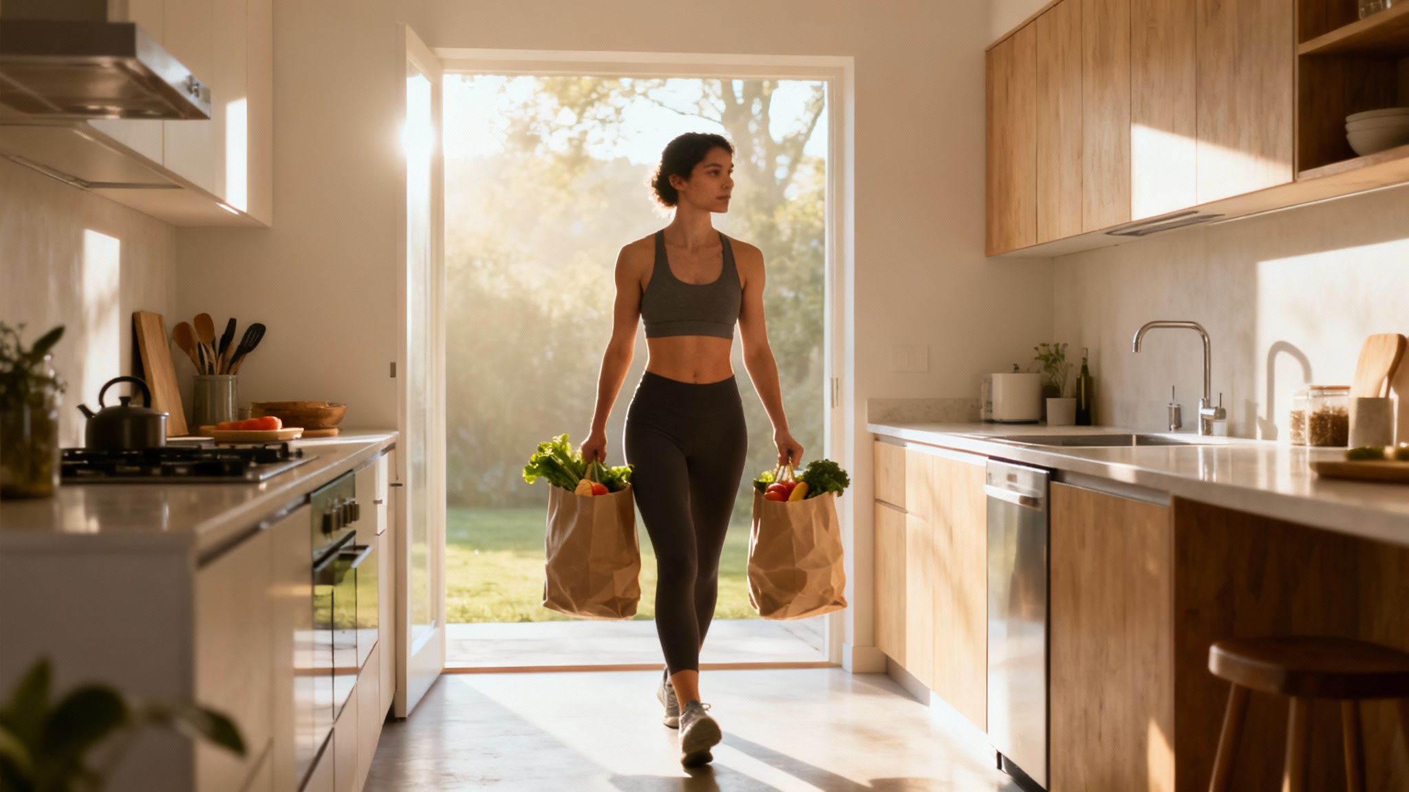 Una mujer en ropa deportiva entra a una cocina luminosa con dos bolsas de comestibles llenas de verduras.