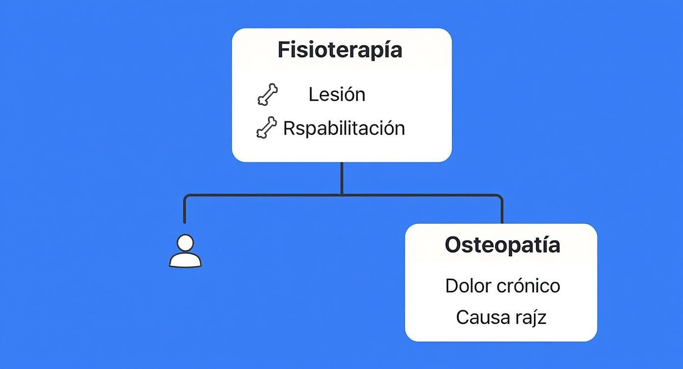 Diagrama que compara la fisioterapia y la osteopatía, mostrando sus enfoques en lesión, rehabilitación, dolor crónico y causa raíz.