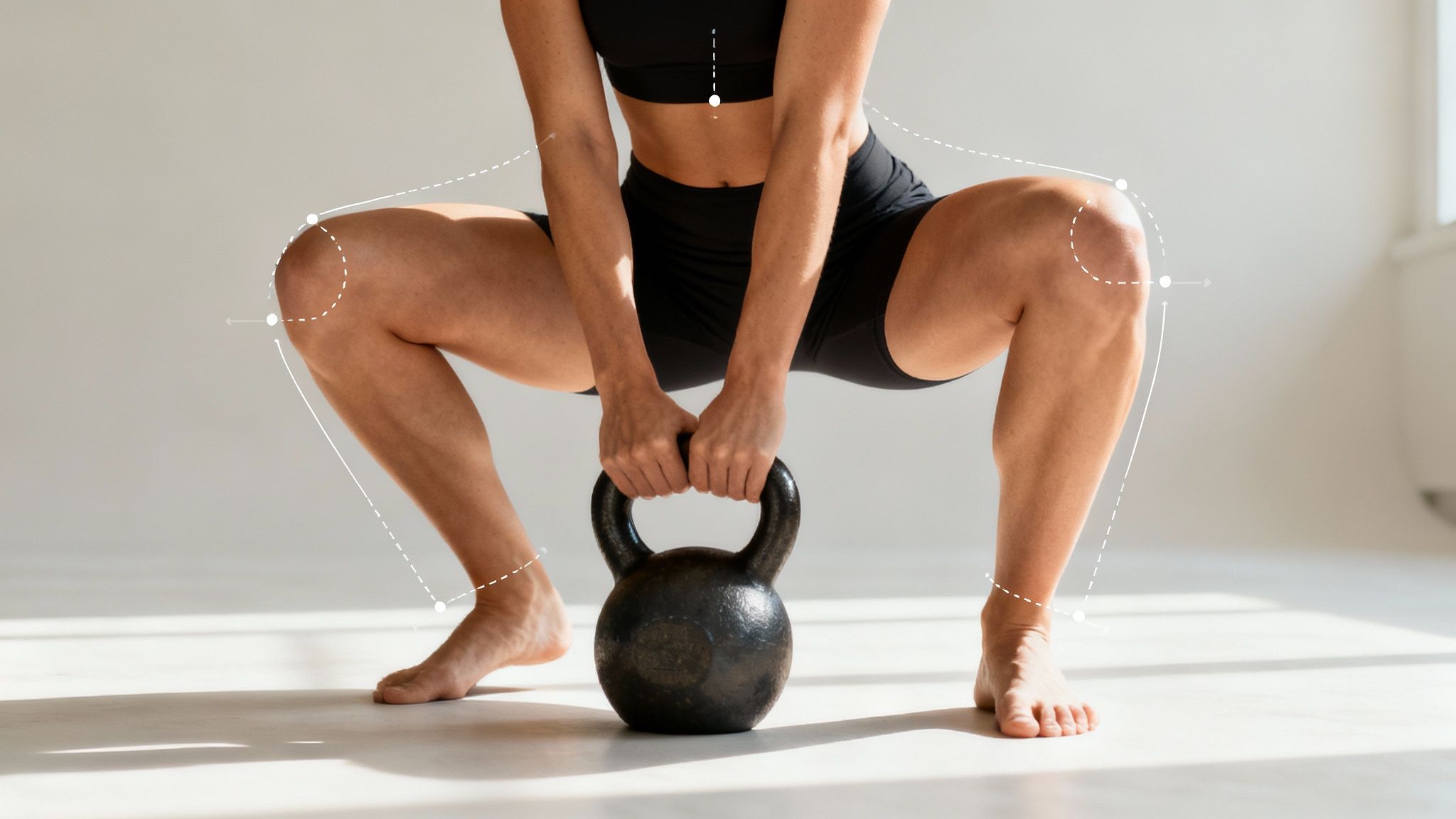 Mujer haciendo sentadilla profunda con kettlebell, mostrando técnica y forma en un gimnasio.