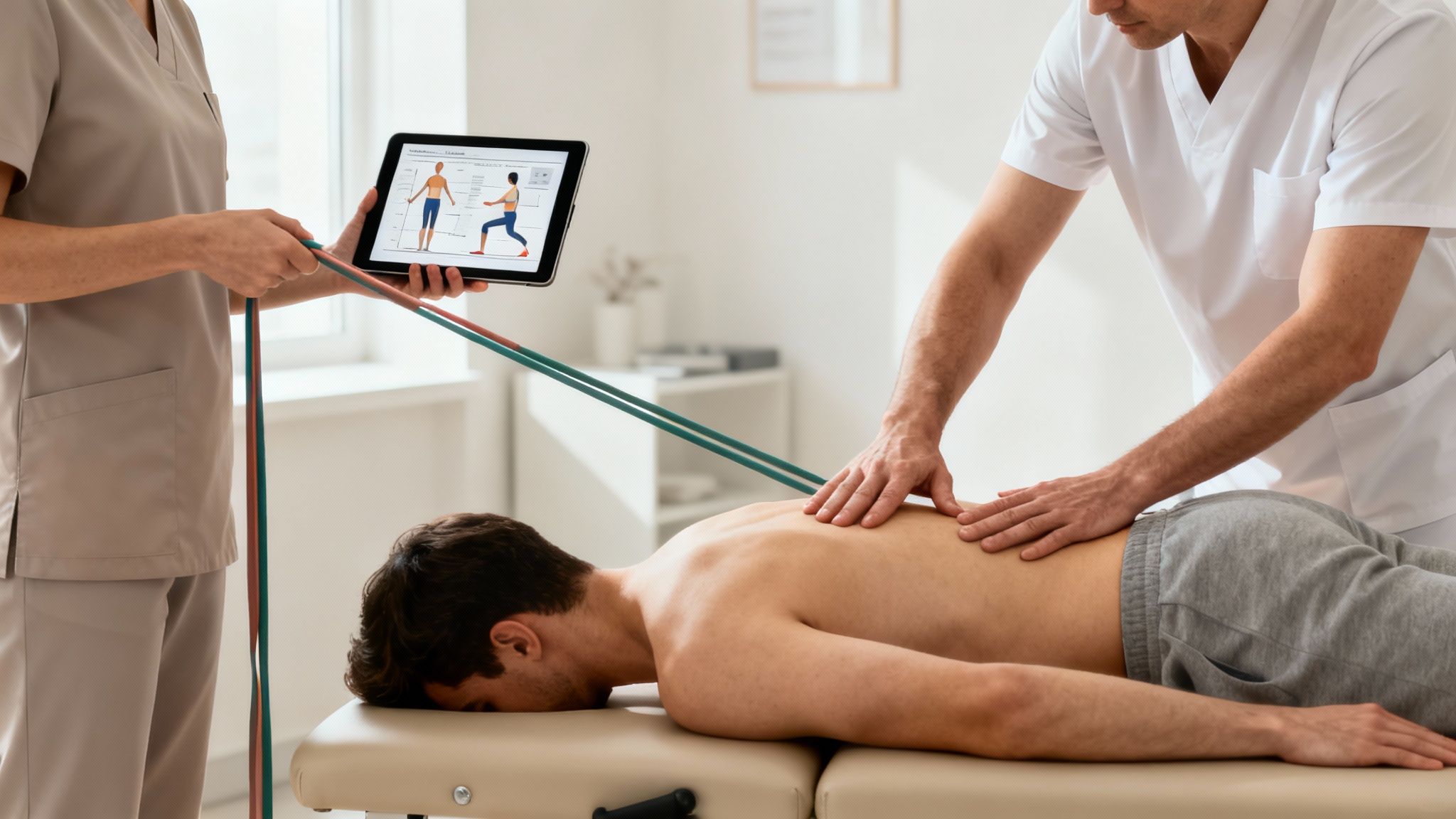 Fisioterapeuta dando masaje de espalda a un paciente mientras un asistente muestra ejercicios en una tablet.