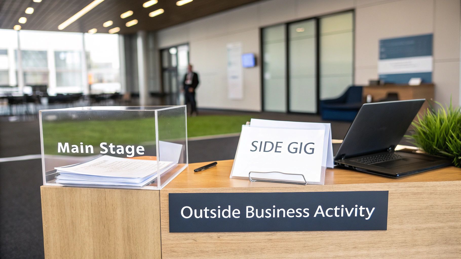 A reception desk featuring signs for 'Main Stage', 'Side Gig', and 'Outside Business Activity', alongside a laptop and a green plant.