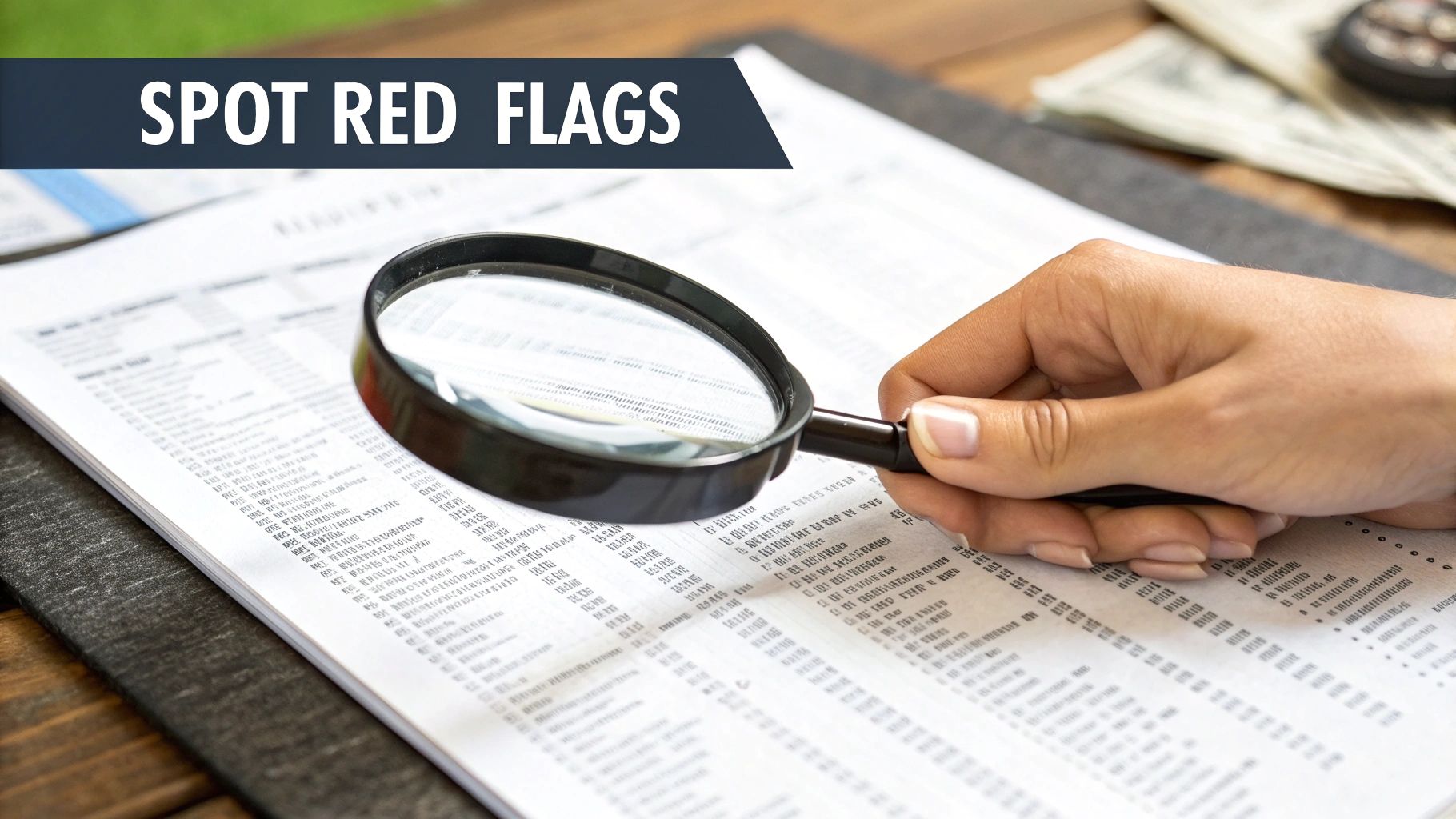 Person using magnifying glass to spot red flags in financial documents, checking for fraud.