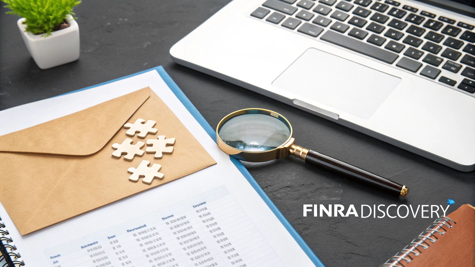 Desk with laptop, magnifying glass, documents, envelope, and puzzle pieces, symbolizing financial discovery.