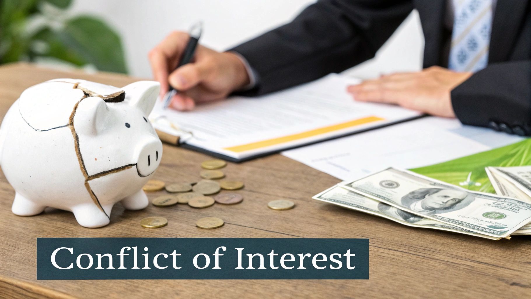 A cracked piggy bank, scattered coins, and money on a table where a person signs a document, illustrating a conflict of interest.