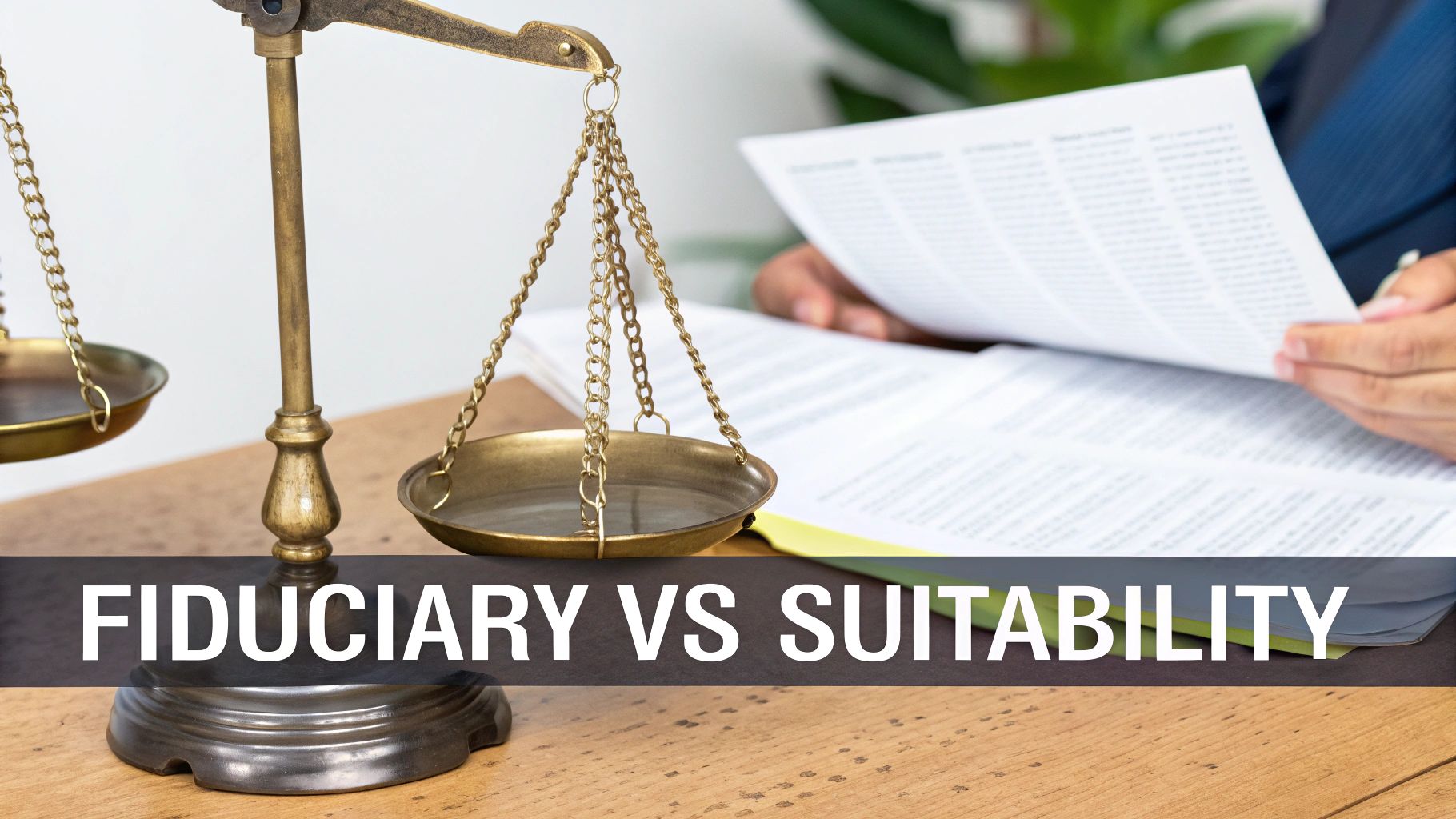 Brass scales of justice with legal documents symbolizing fiduciary duty versus suitability standards comparison