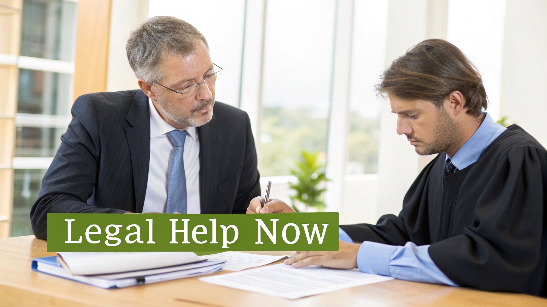 A lawyer helps a client in a robe review legal documents at a table with "Legal Help Now" text.