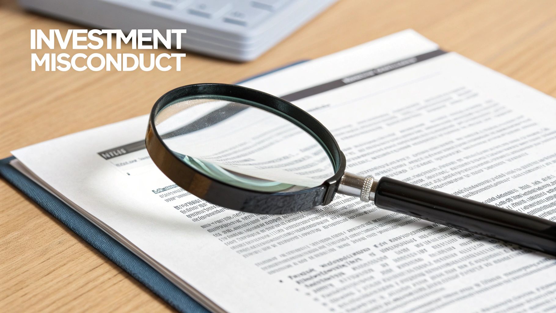 A magnifying glass resting on a document with text, illustrating the investigation of investment misconduct.