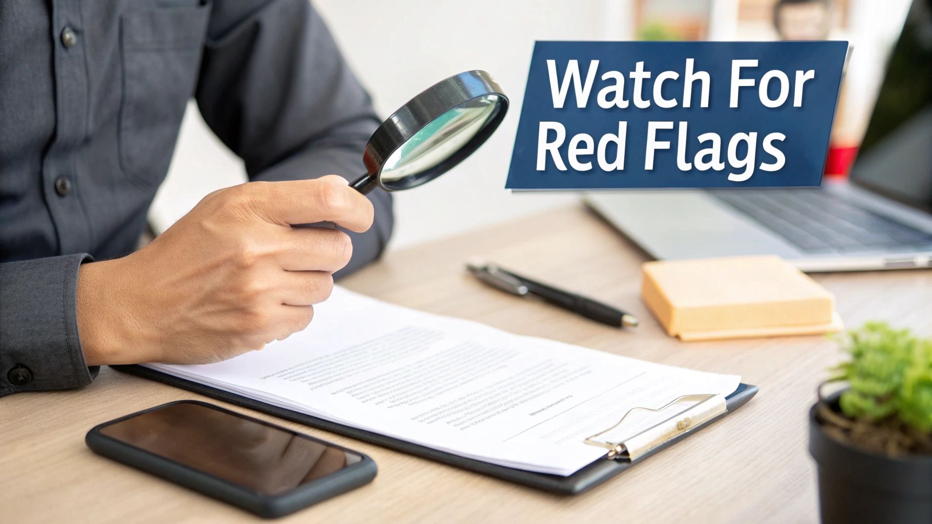 A person uses a magnifying glass to examine a document, with a 'Watch For Red Flags' sign.