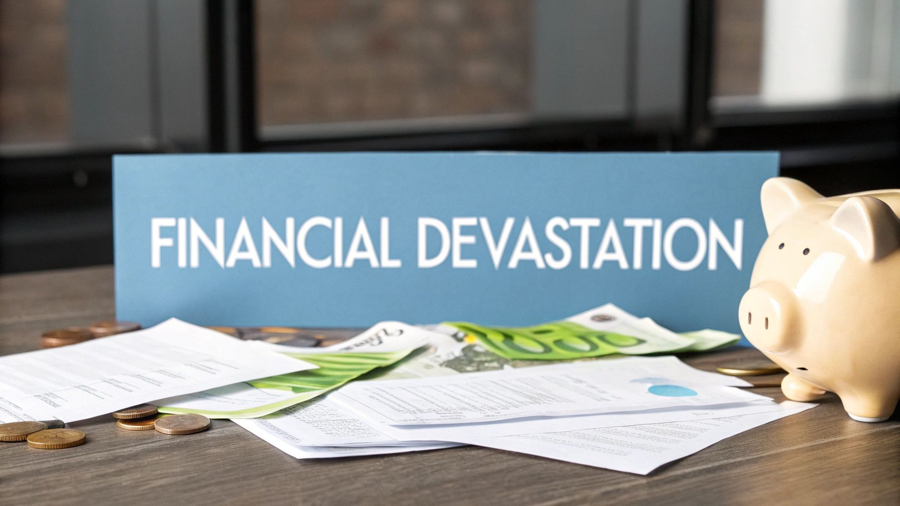 A blue sign reading FINANCIAL DEVASTATION sits on a desk with a piggy bank, money, and financial documents.