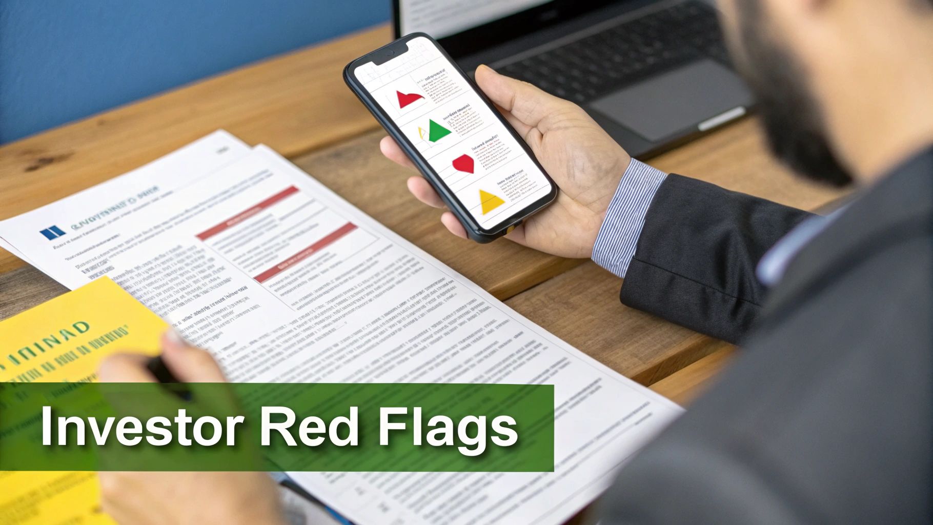 A person holds a smartphone showing colorful financial indicators while reviewing investor documents.