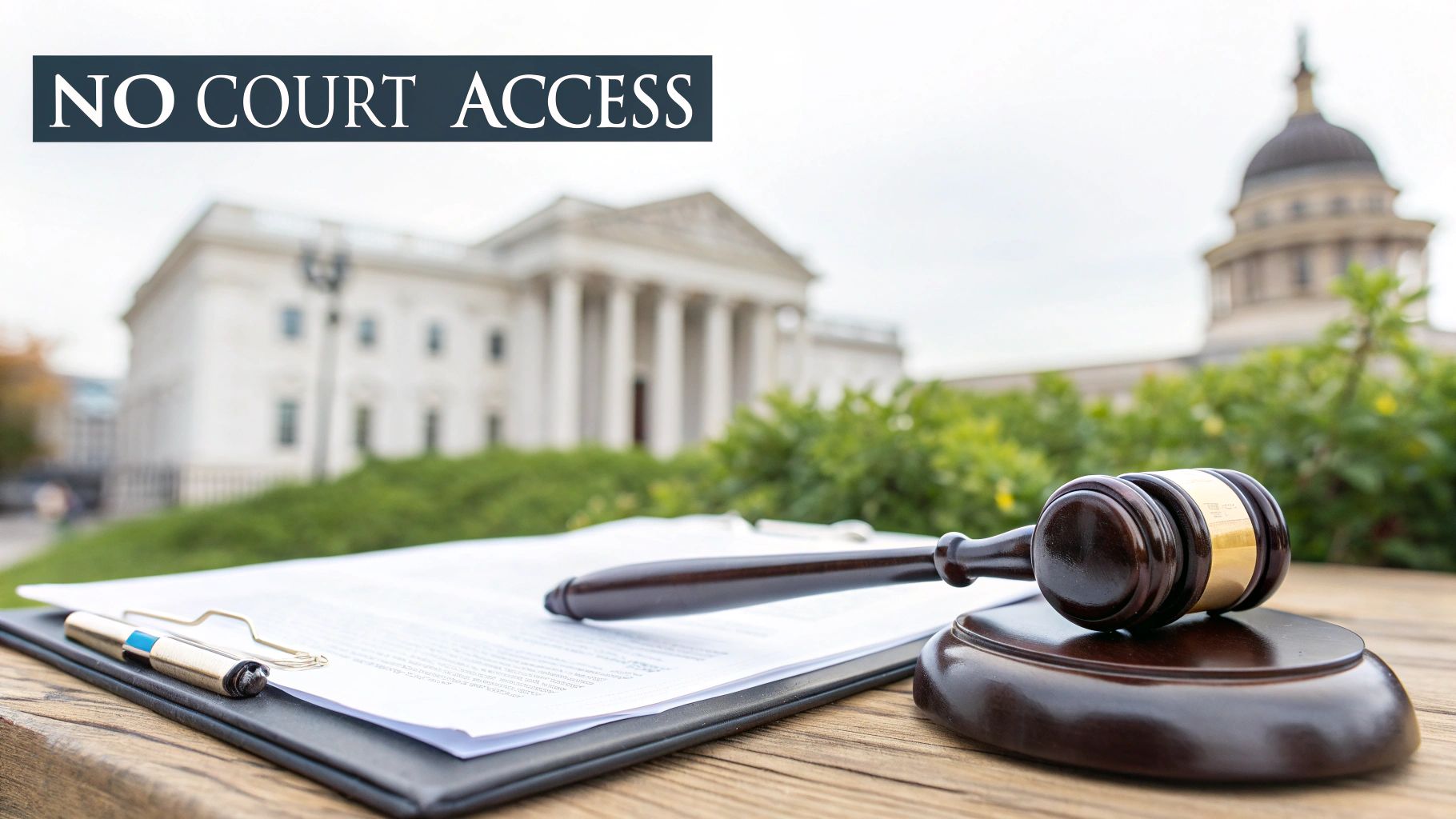 Judge's gavel, document, and pen on a wooden table, with a courthouse and 'NO COURT ACCESS' text.