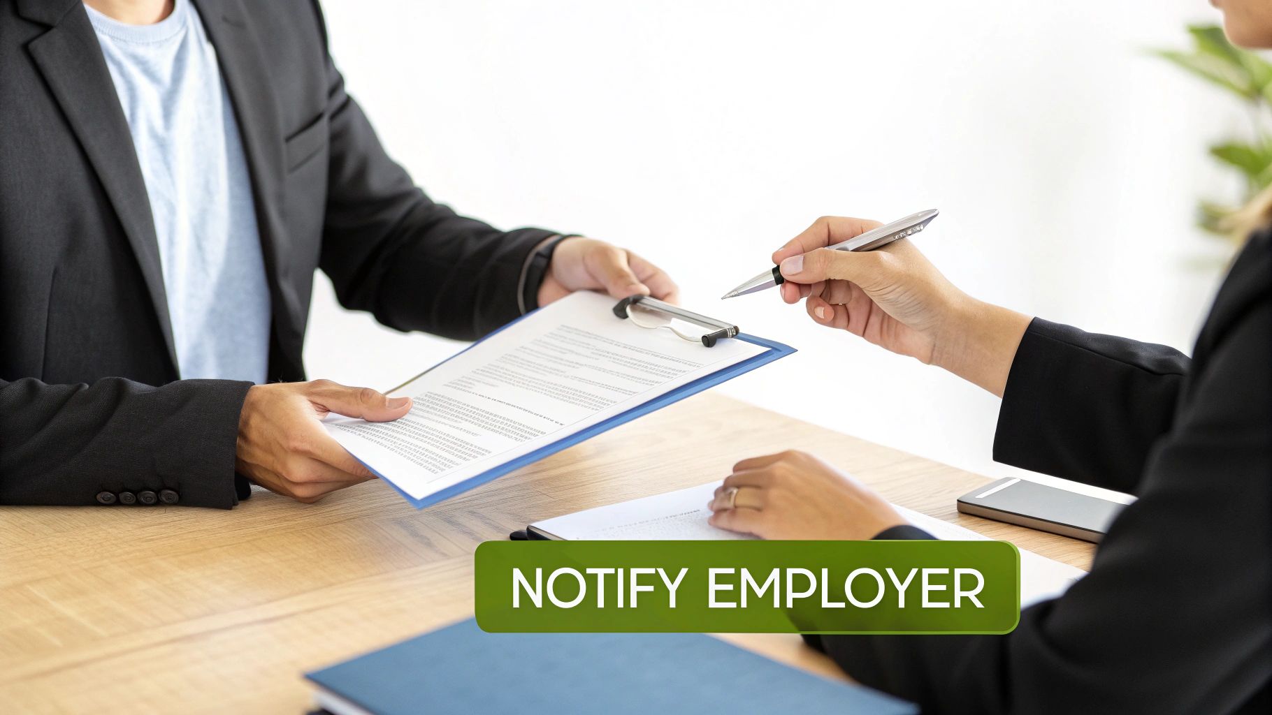 Two business professionals exchanging documents on a clipboard, with one holding a pen ready to sign.