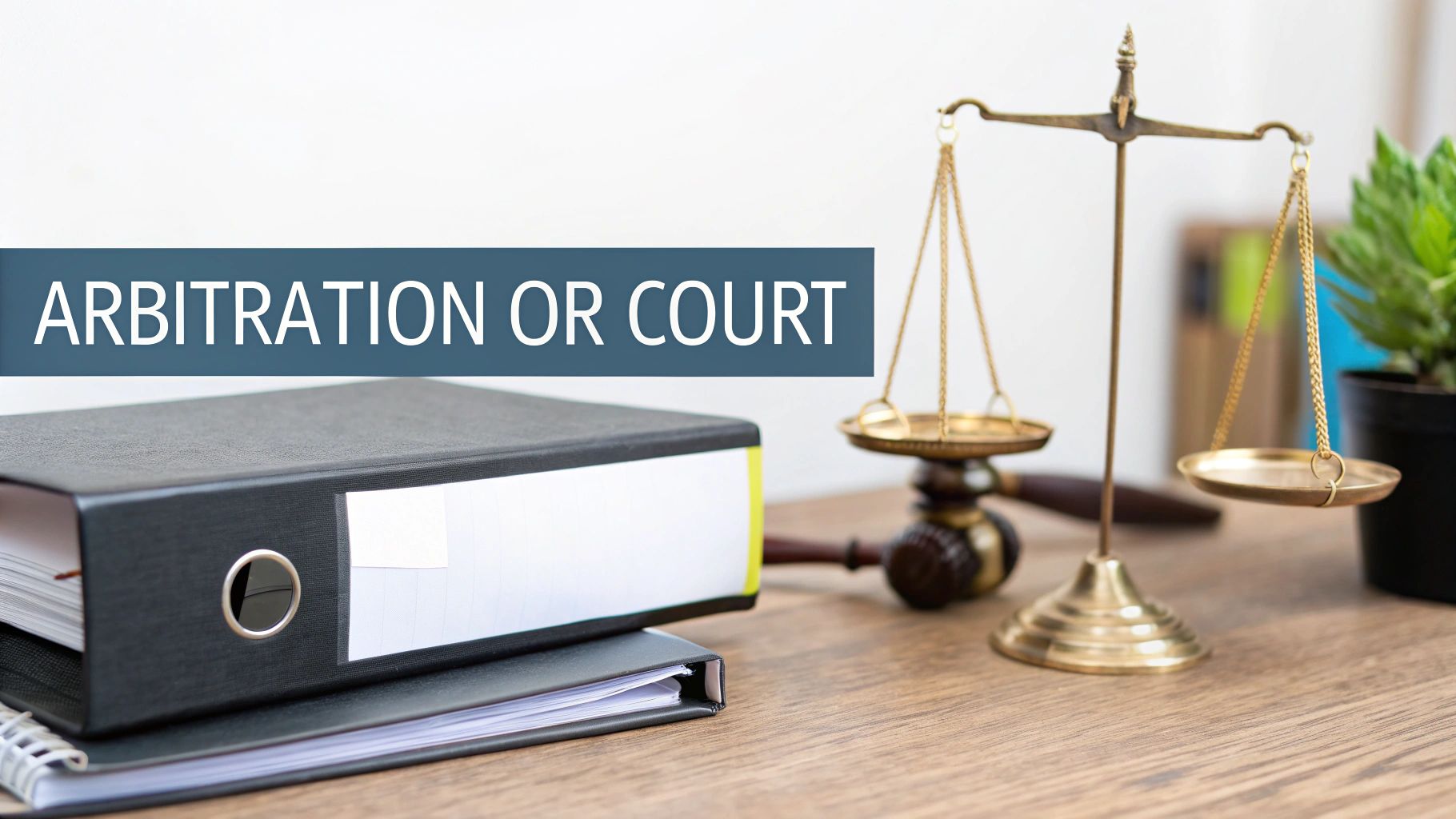 Legal binder, scales of justice, and gavel on a desk with 'ARBITRATION OR COURT' text.