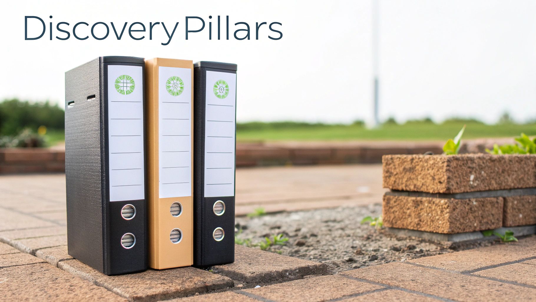 Three ring binders, black and gold, with green circular logos on a paved path.