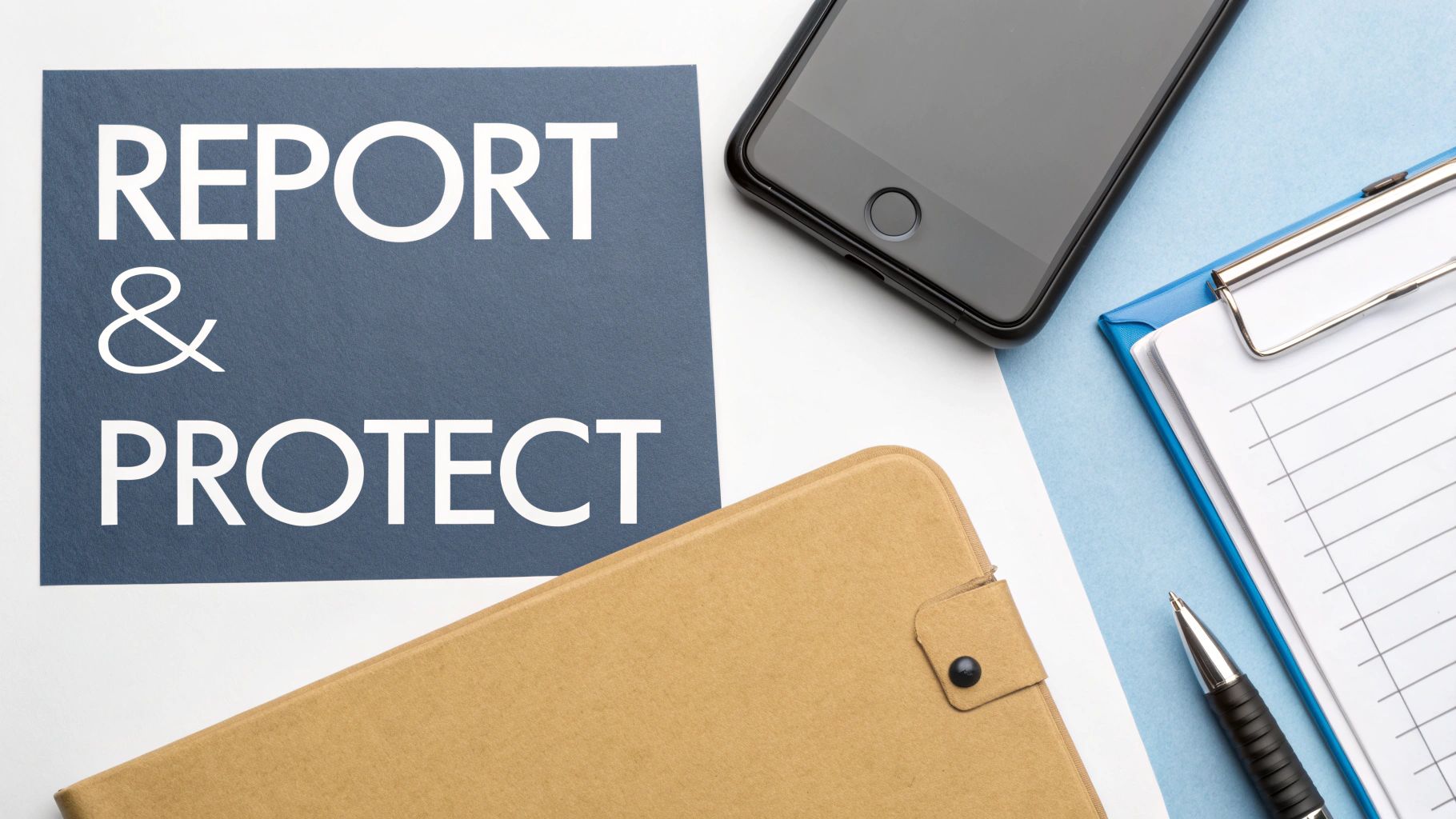 A flat lay image showing a "REPORT & PROTECT" sign surrounded by office supplies on a desk.