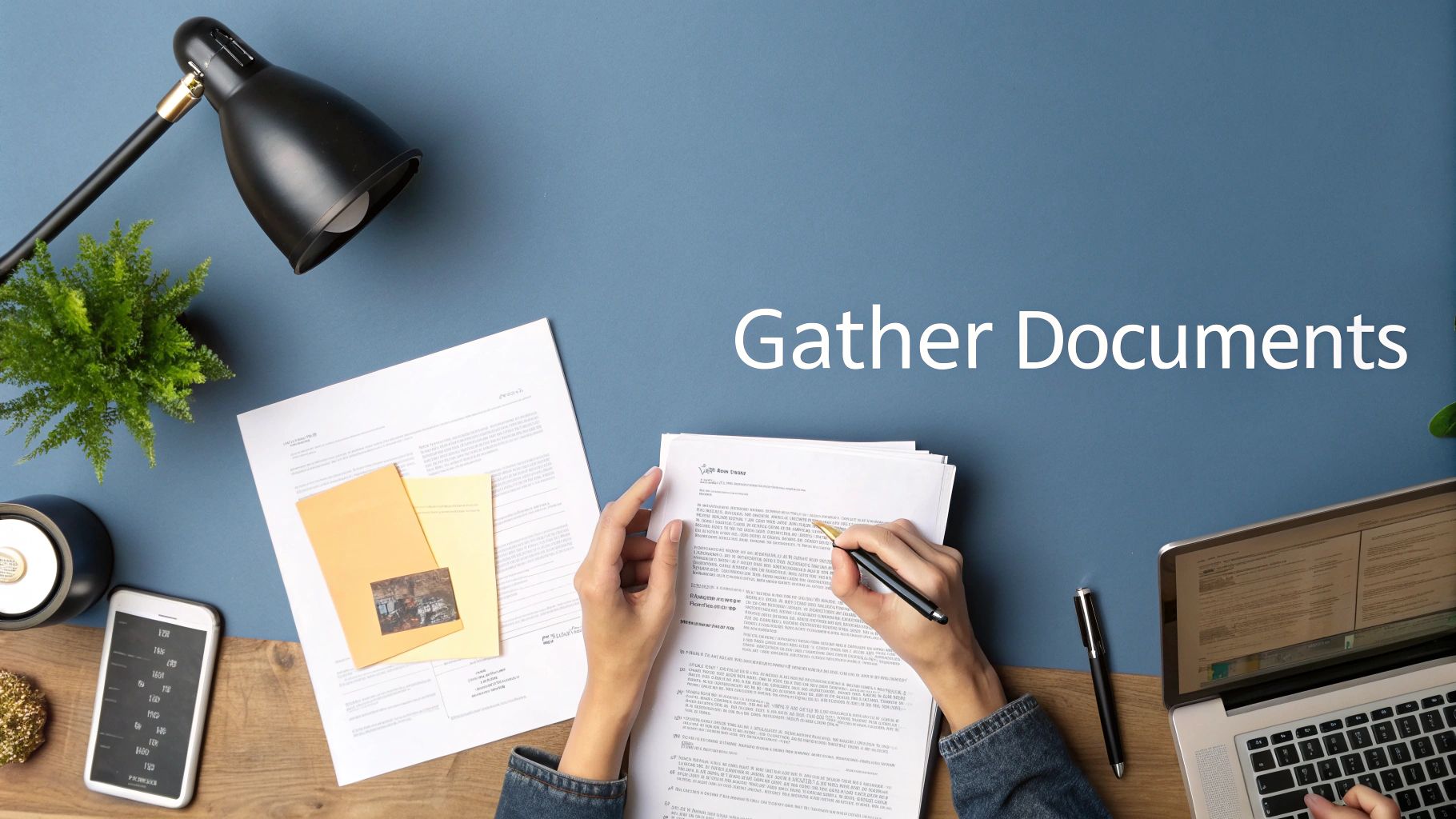 Overhead shot of person reviewing documents at a blue desk with a laptop and phone.
