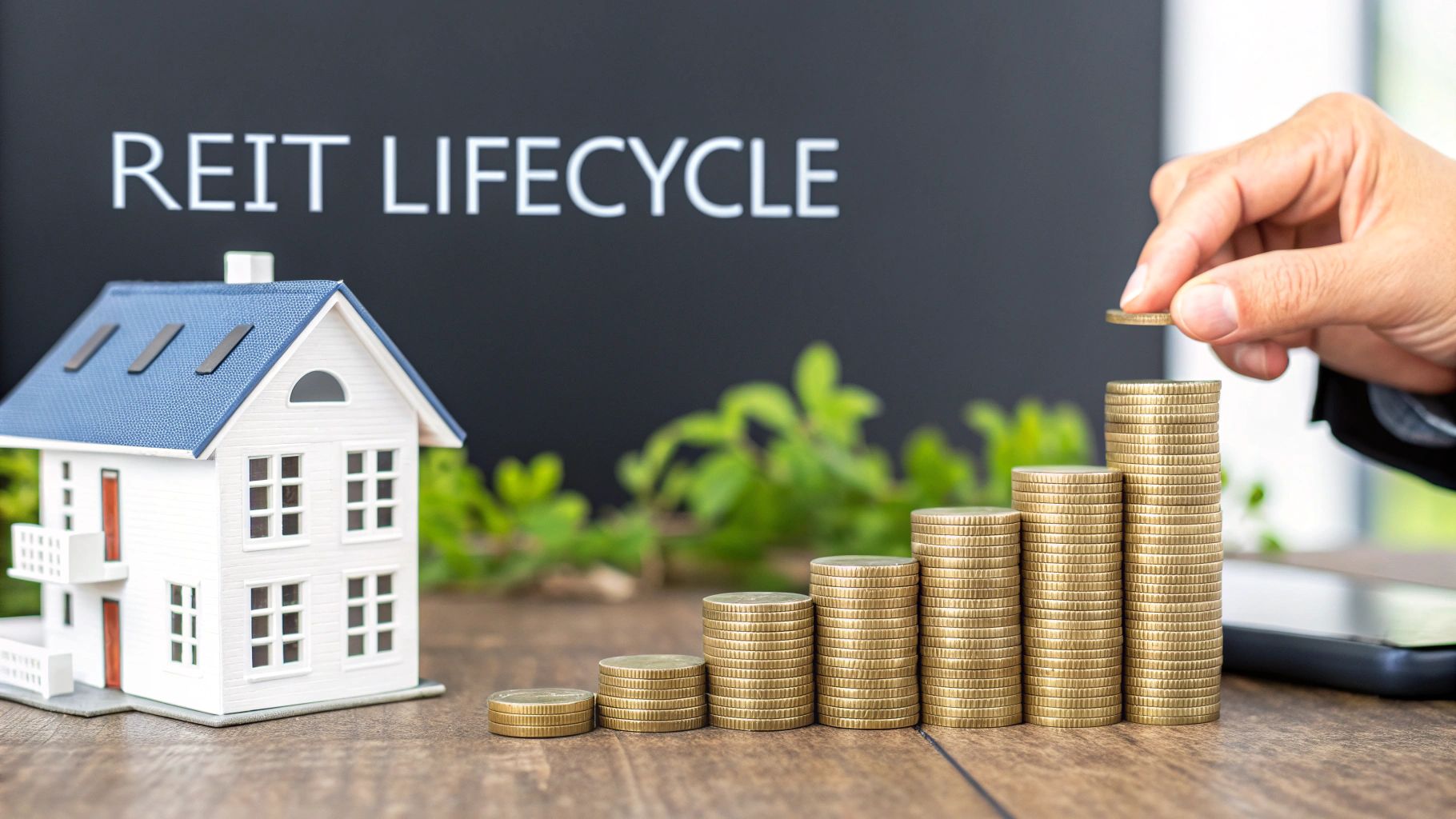 A simplified flowchart or diagram showing the lifecycle of a non-traded REIT, from raising capital to property management and an eventual liquidity event.