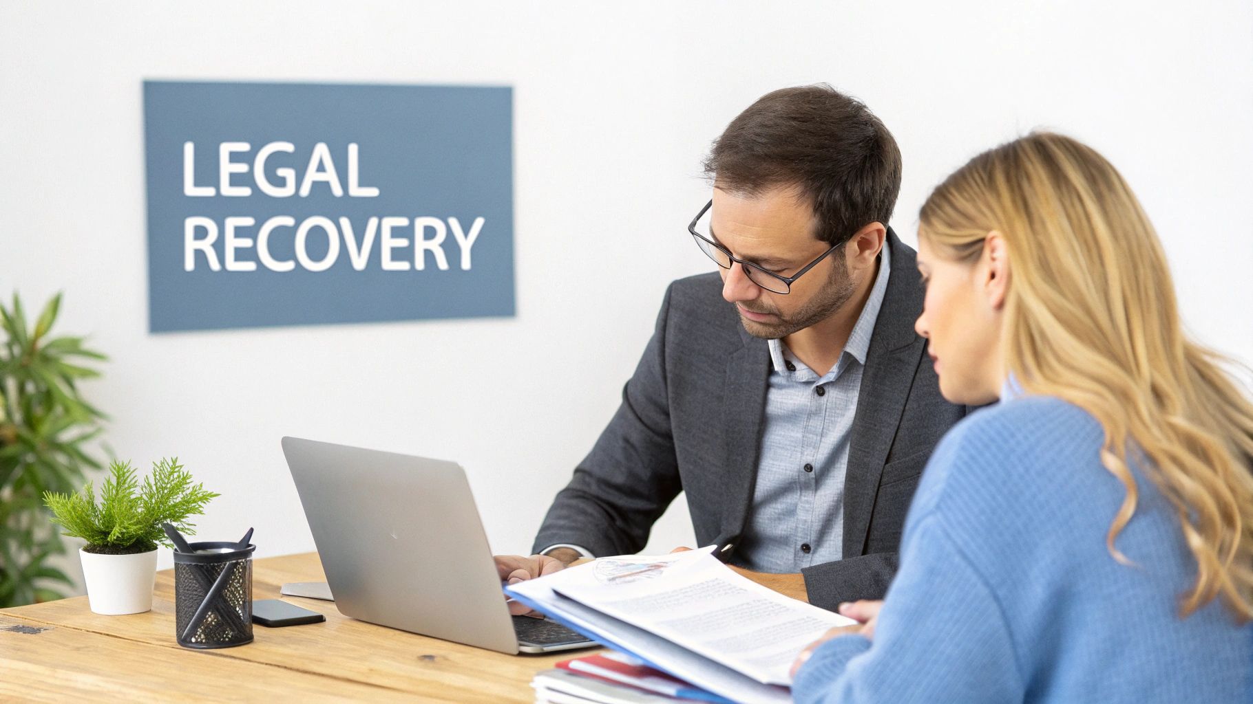 Two professionals reviewing legal documents and working on a laptop in an office with a 'Legal Recovery' sign.