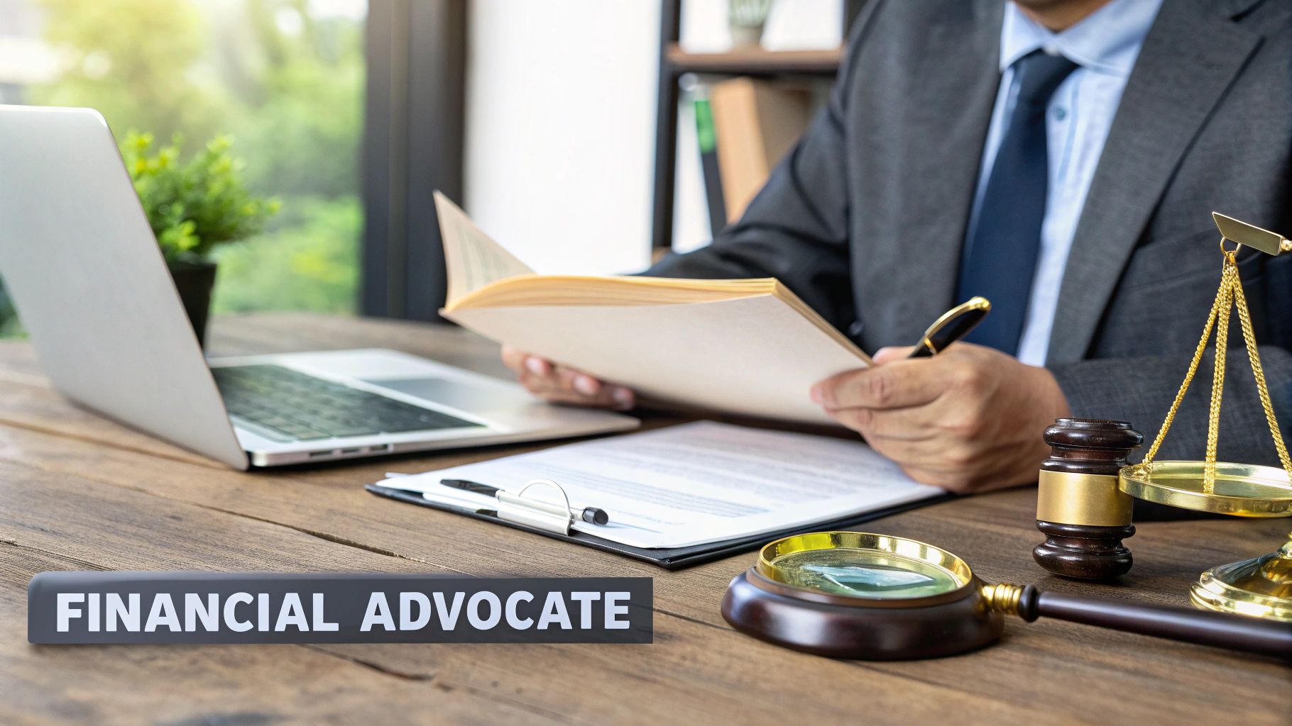 A professional financial fraud attorney reviewing documents at a desk