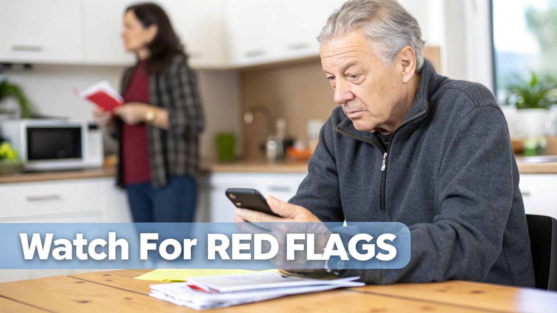 An older man looks intently at his phone at a table with documents, a woman is in the kitchen behind him.
