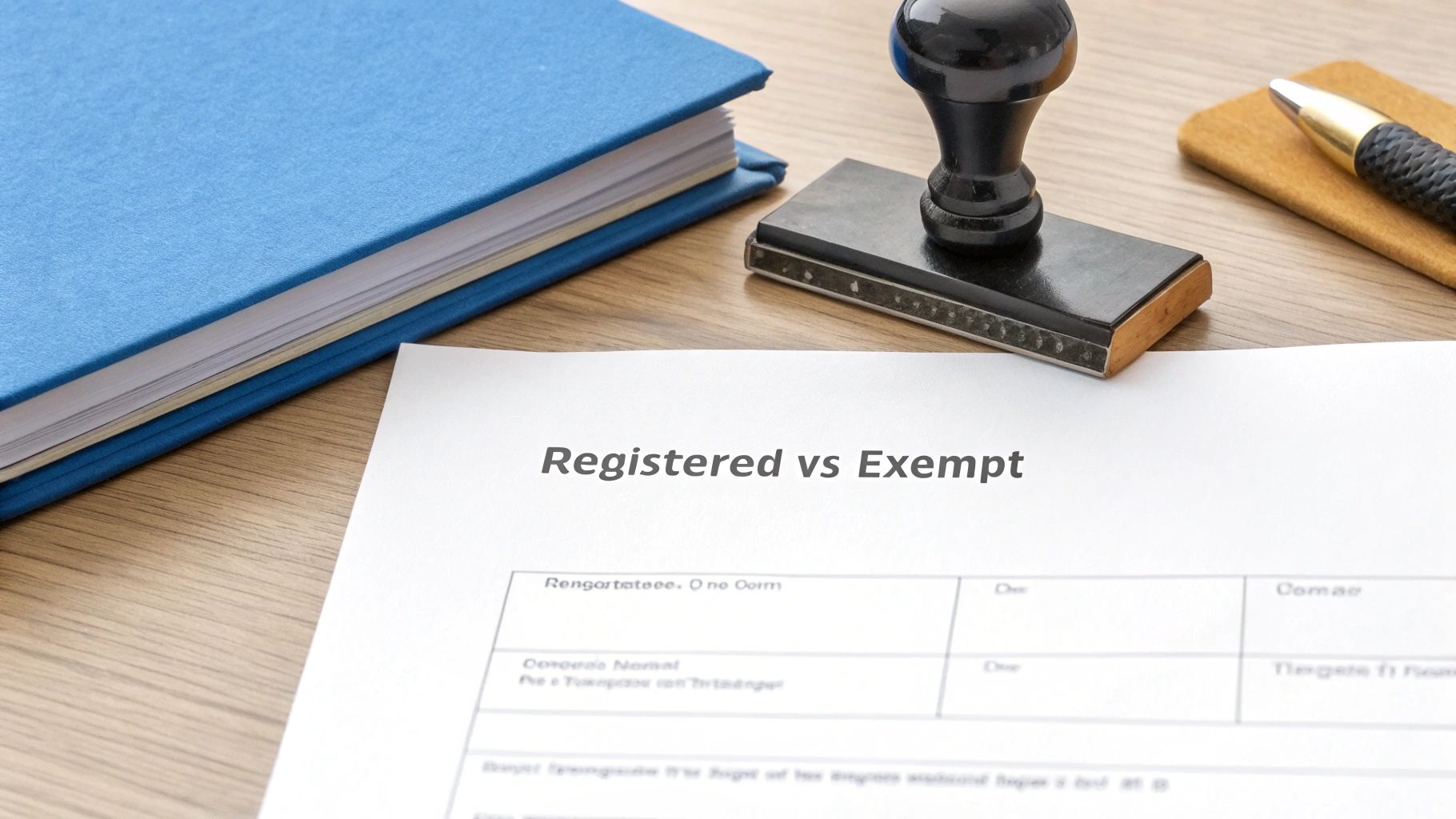A document titled 'Registered vs Exempt' on a wooden desk with a blue binder, stamp, and pen.