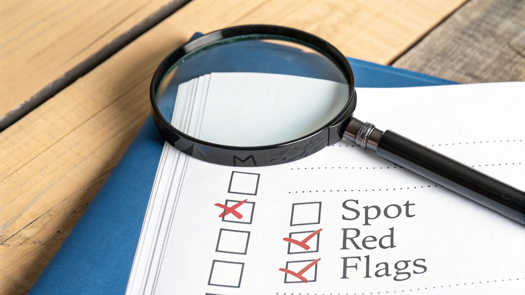 Magnifying glass on a 'Spot Red Flags' checklist with multiple items marked, on a wooden table.
