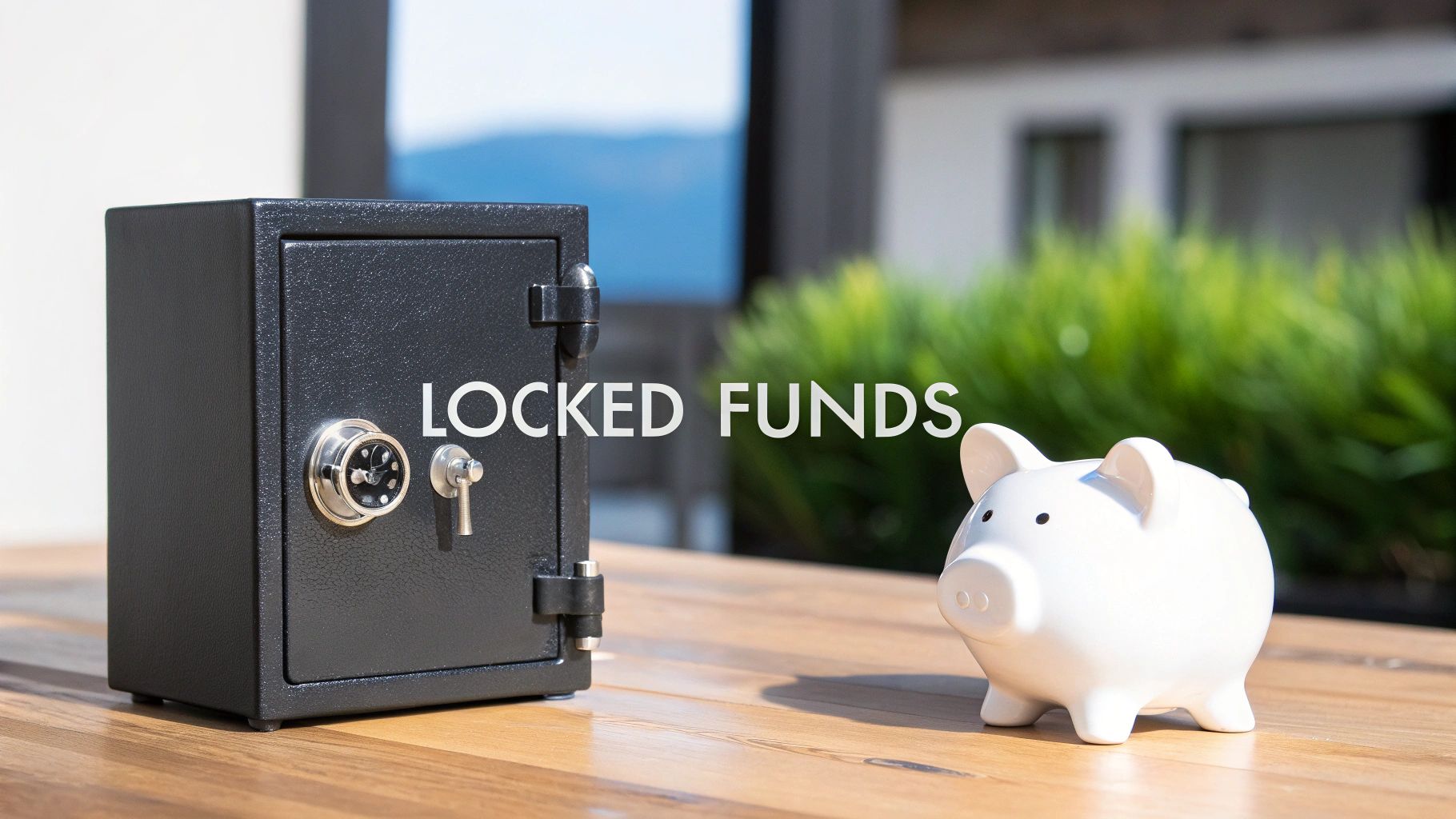 A small black safe and a white ceramic piggy bank on a wooden table, with text 'LOCKED FUNDS'.