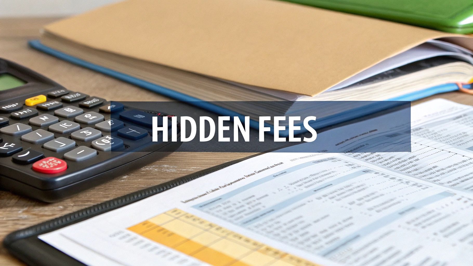 A calculator, financial documents, and folders with "HIDDEN FEES" text overlay, symbolizing financial transparency.