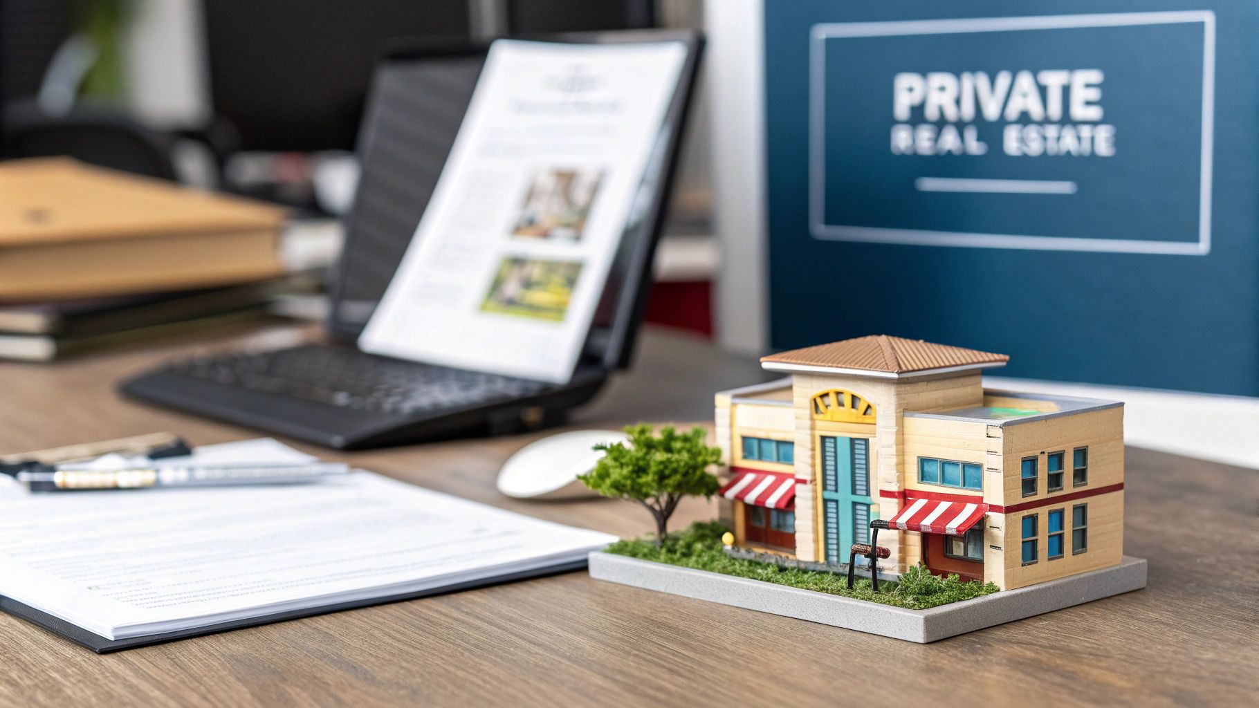 A desk with real estate documents, a laptop displaying property details, and a miniature building model.