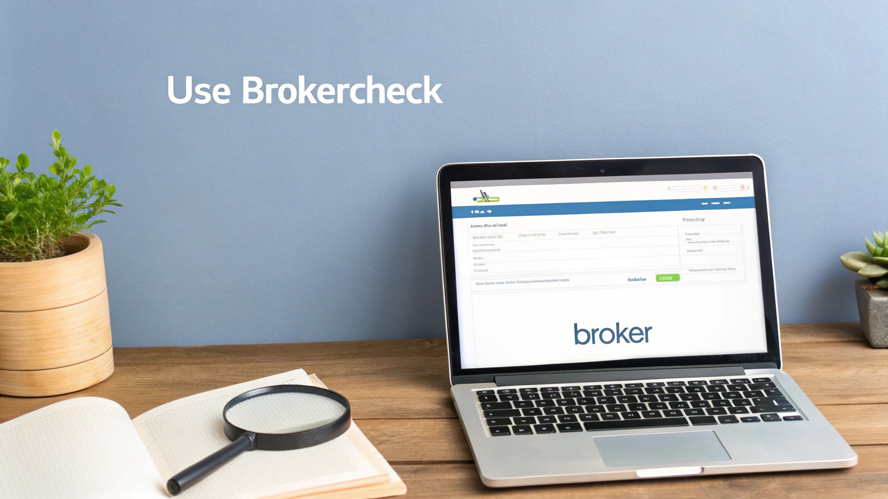 A laptop on a wooden desk displays 'broker' on screen, with 'Use Brokercheck' text on the blue wall.