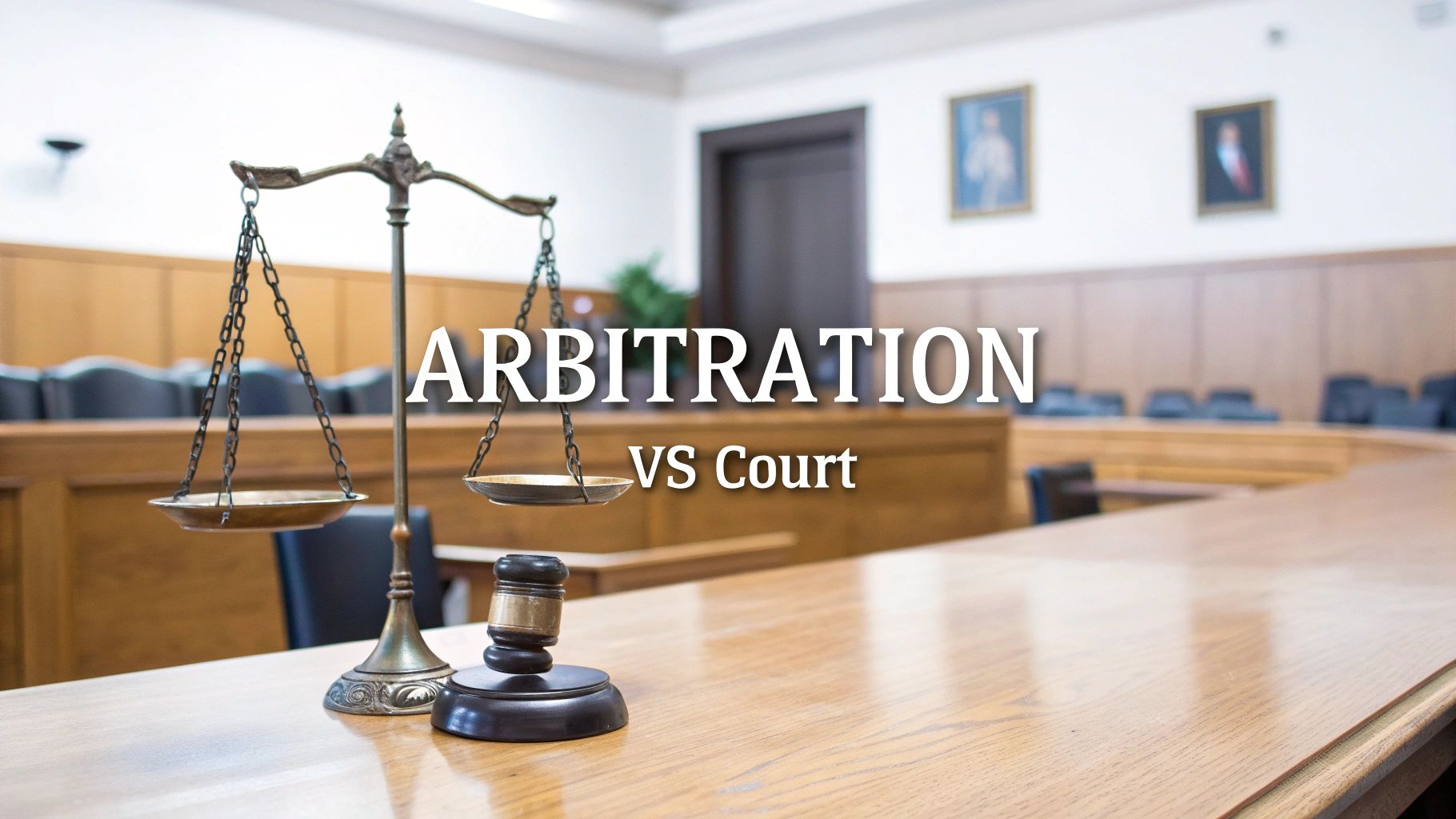 A balance scale and gavel on a table in a courtroom, with text 'Arbitration VS Court'.