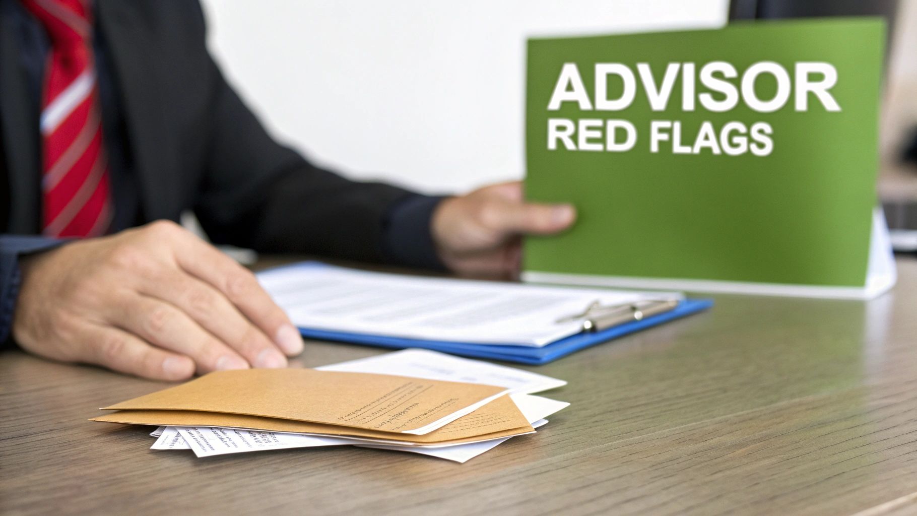 Professional in a suit reviews 'Advisor Red Flags' folder with documents on a wooden desk.
