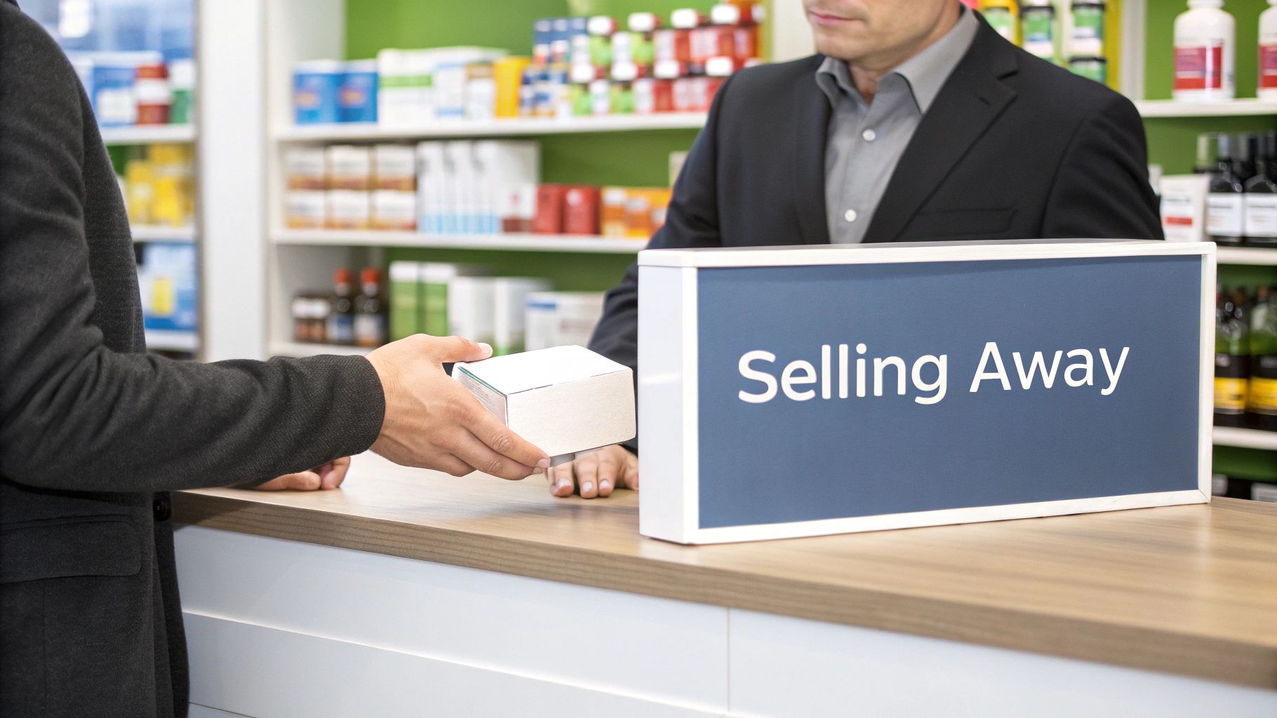 A customer hands a white box to a store employee behind a counter with a 'Selling Away' sign.
