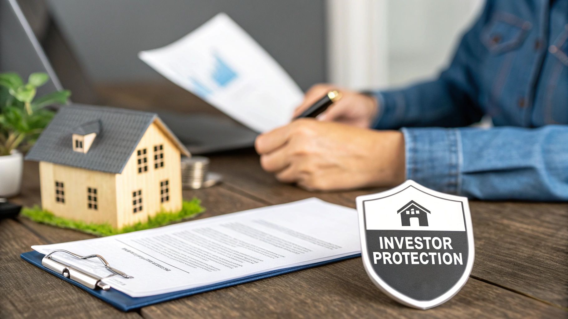 Person reviewing investment documents with a house model and 'INVESTOR PROTECTION' shield on a desk.
