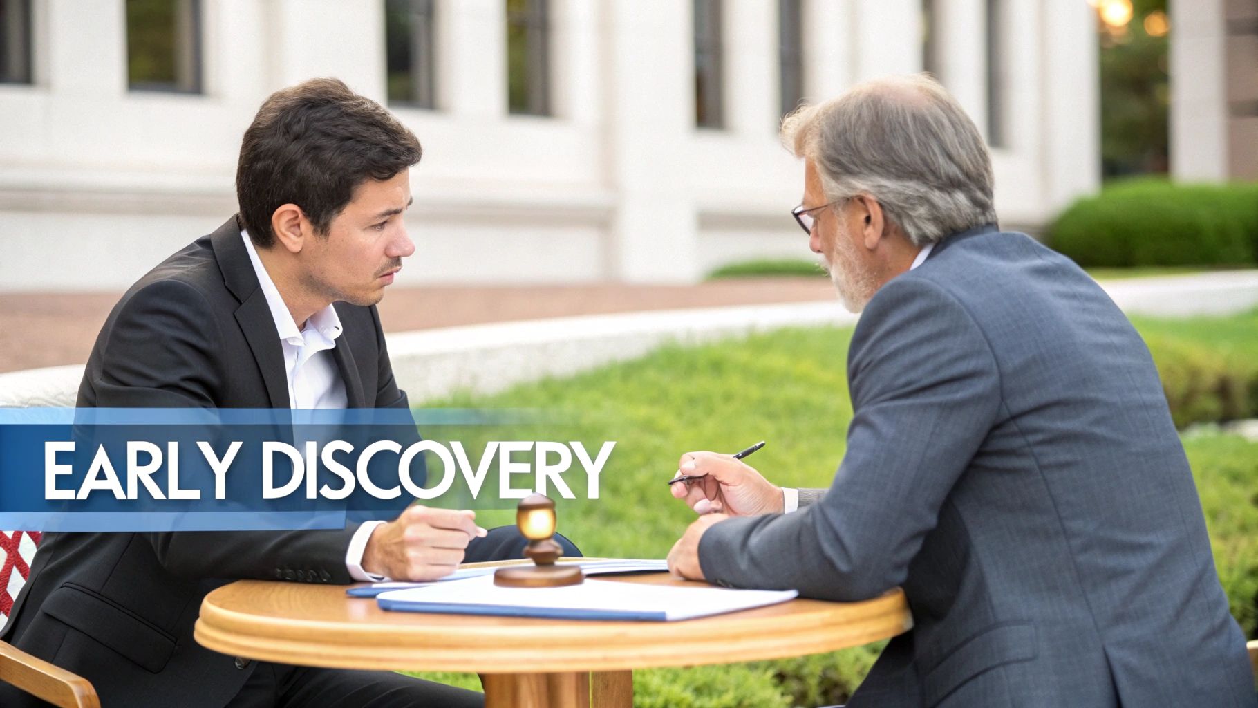 Two professionals in suits at an outdoor table with papers and a gavel, under "Early Discovery" text.
