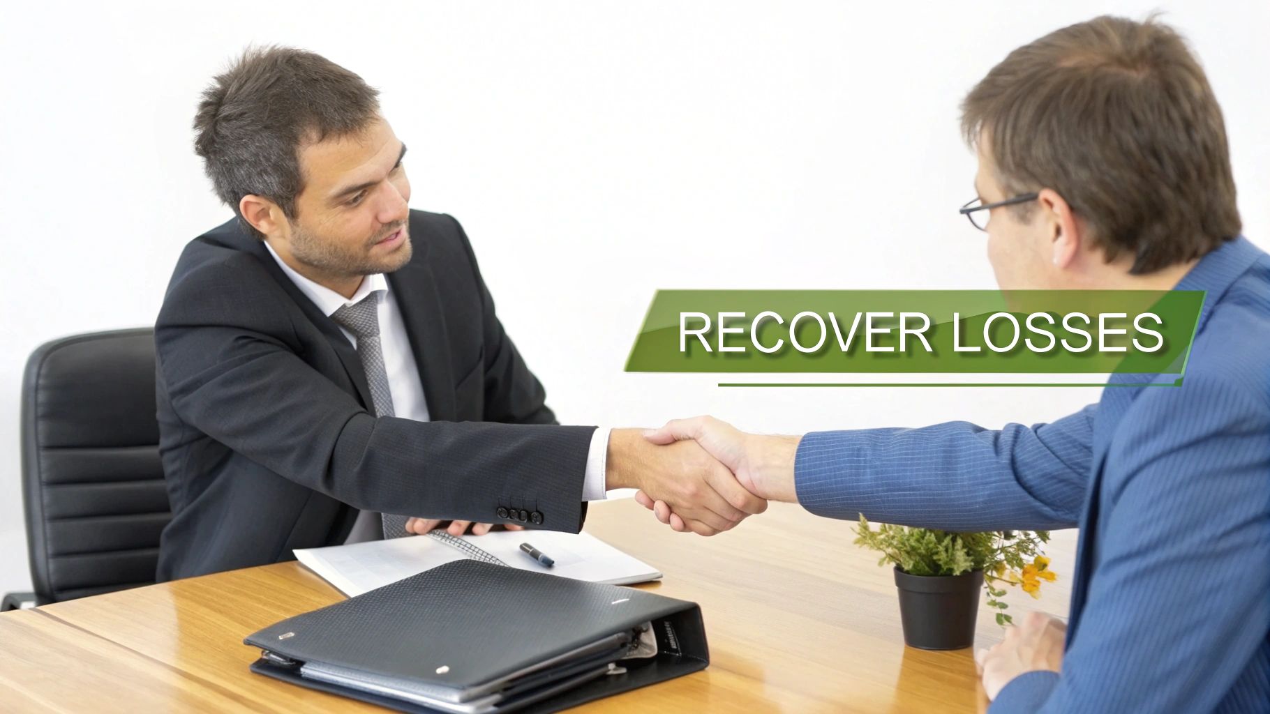 Two professional men in suits shaking hands across a desk, with 'RECOVER LOSSES' text overlay.