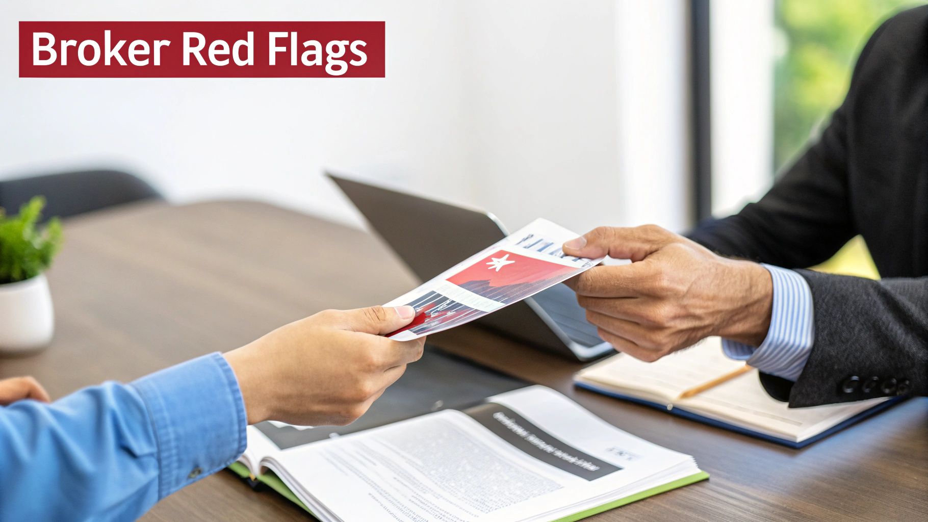 Two professionals exchanging a document over a wooden table, with 'Broker Red Flags' visible.