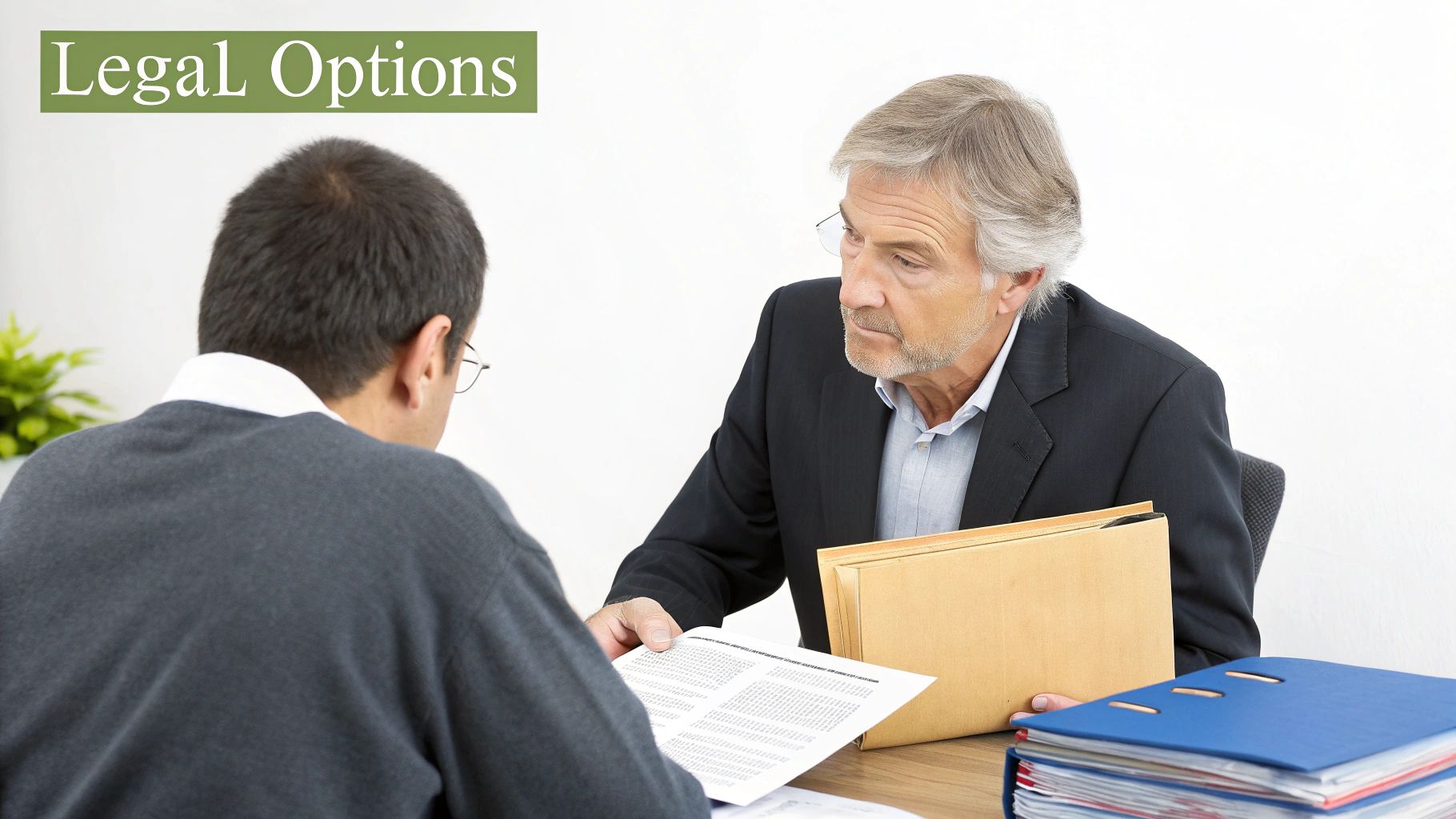 An older lawyer advises a client about legal options and documents in an office.