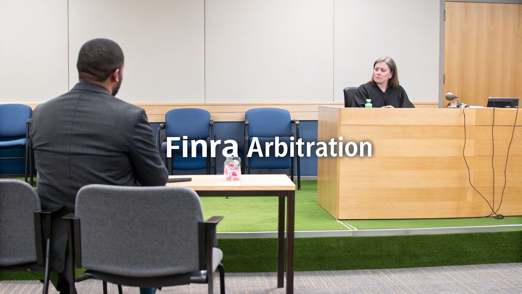 Man in suit faces an arbitrator at a desk in a Finra arbitration hearing.