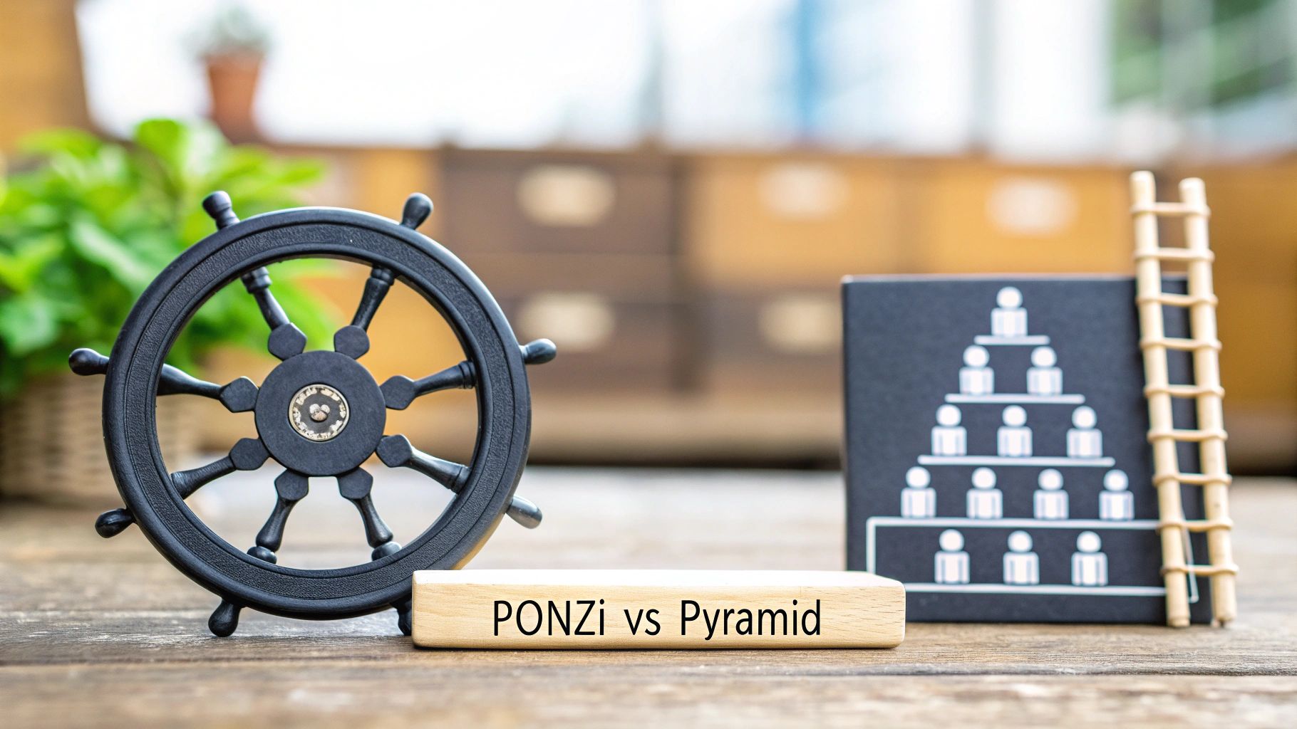 Visual comparison of Ponzi and Pyramid schemes with a ship's wheel and a human hierarchy diagram.