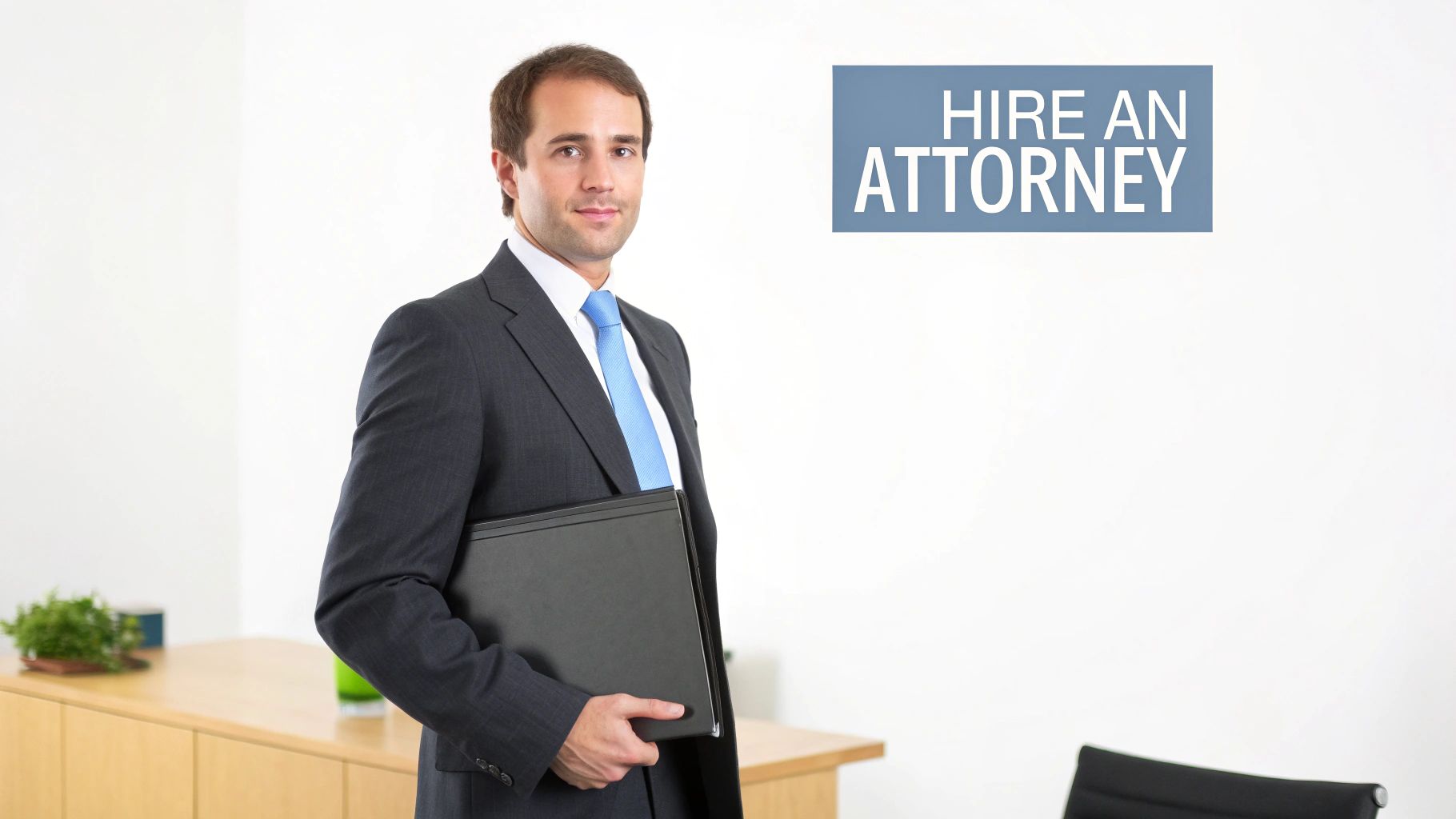 A confident attorney in a suit and blue tie holds a folder, with 'Hire an Attorney' text displayed.