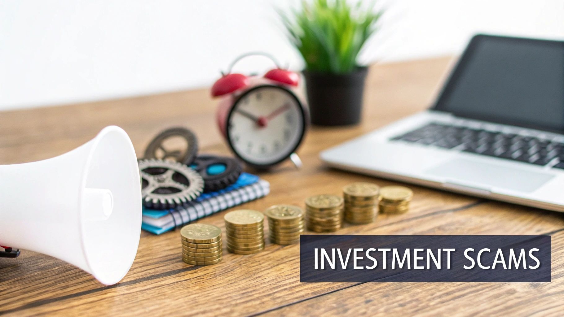 A megaphone, coins, and a laptop with 'INVESTMENT SCAMS' text, representing financial warnings.