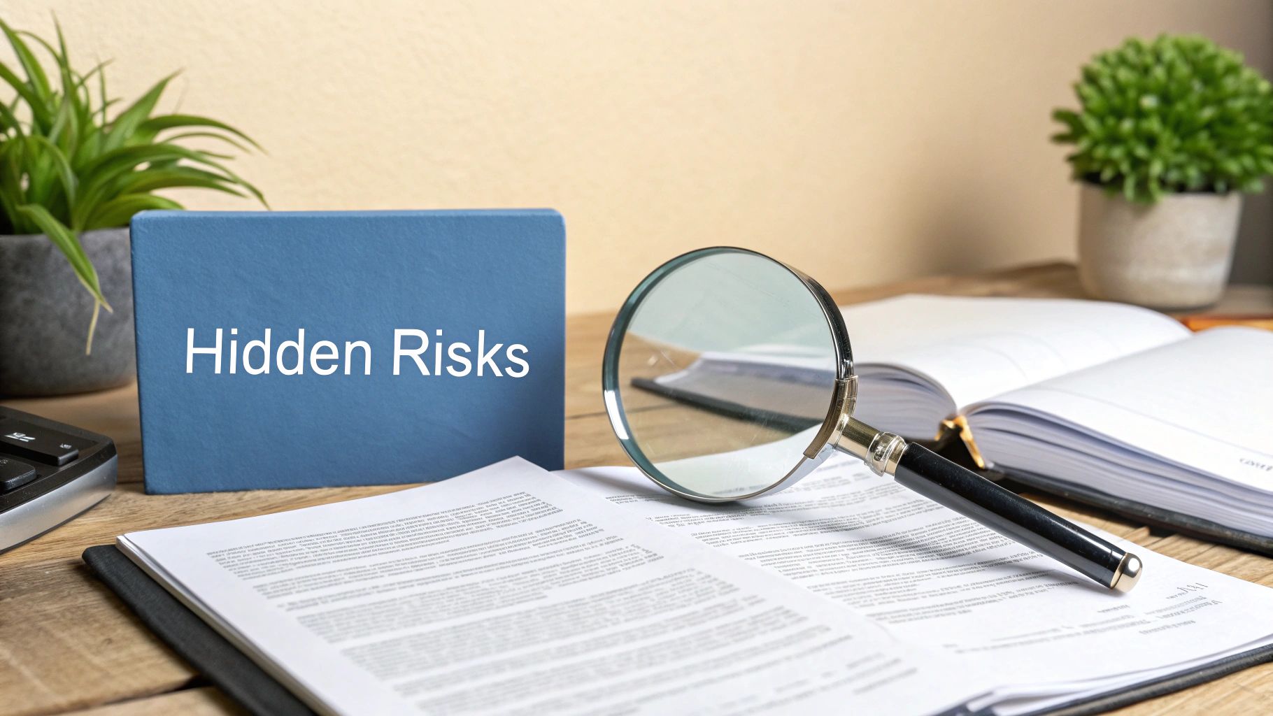 A magnifying glass rests on business documents next to a blue box labeled 'Hidden Risks' on a wooden desk.