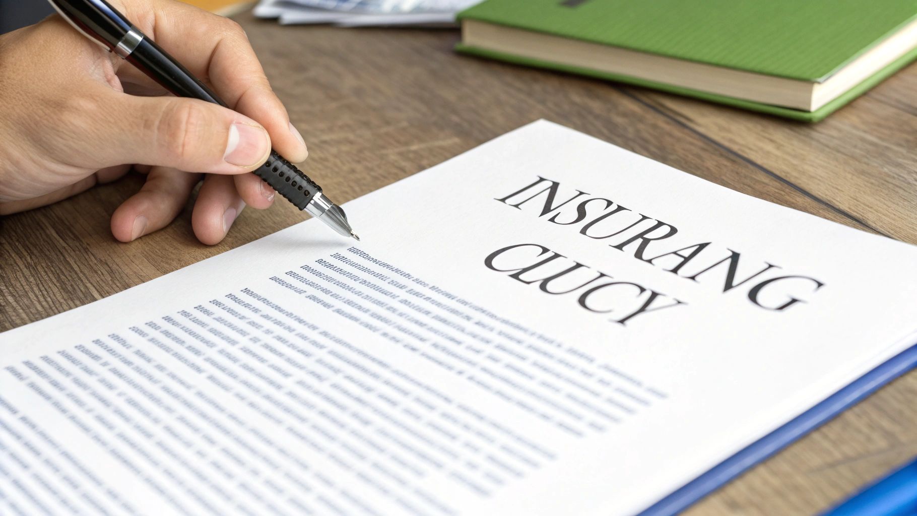 A hand holding a pen poised to sign an insurance policy document on a wooden desk.