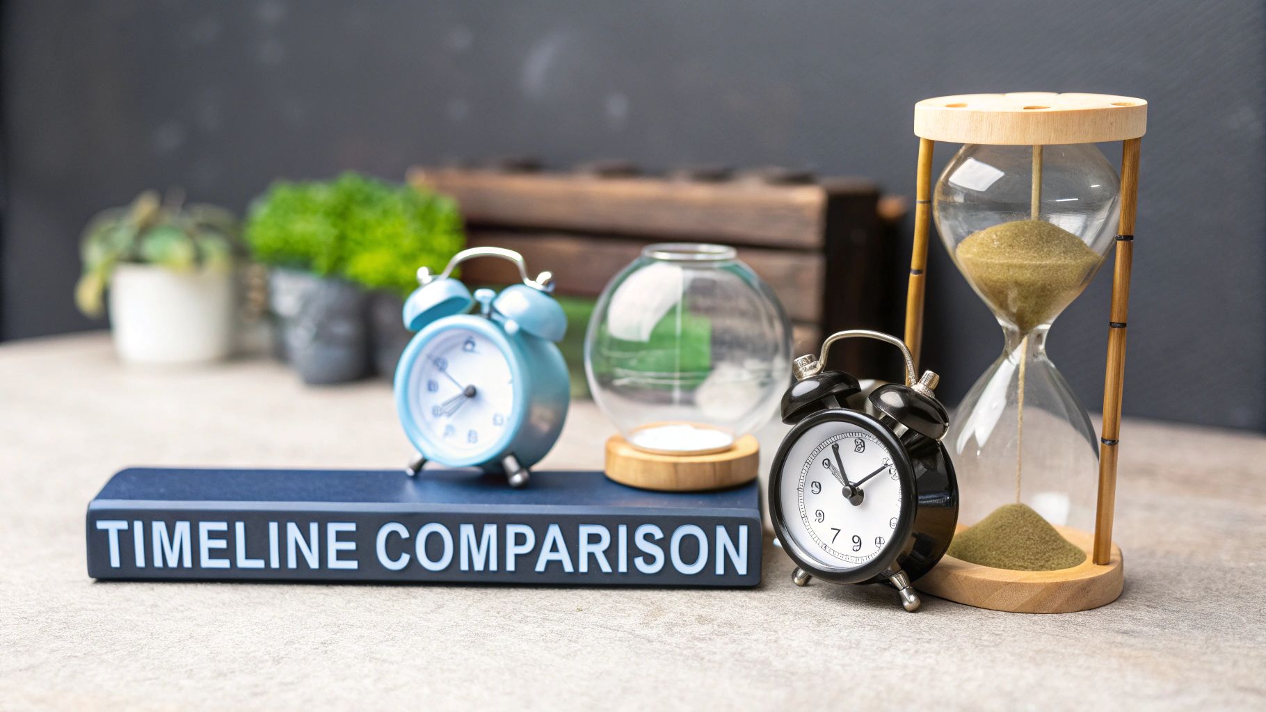 A blue alarm clock, a black alarm clock, an hourglass, and a plaque reading 'TIMELINE COMPARISON' on a table.